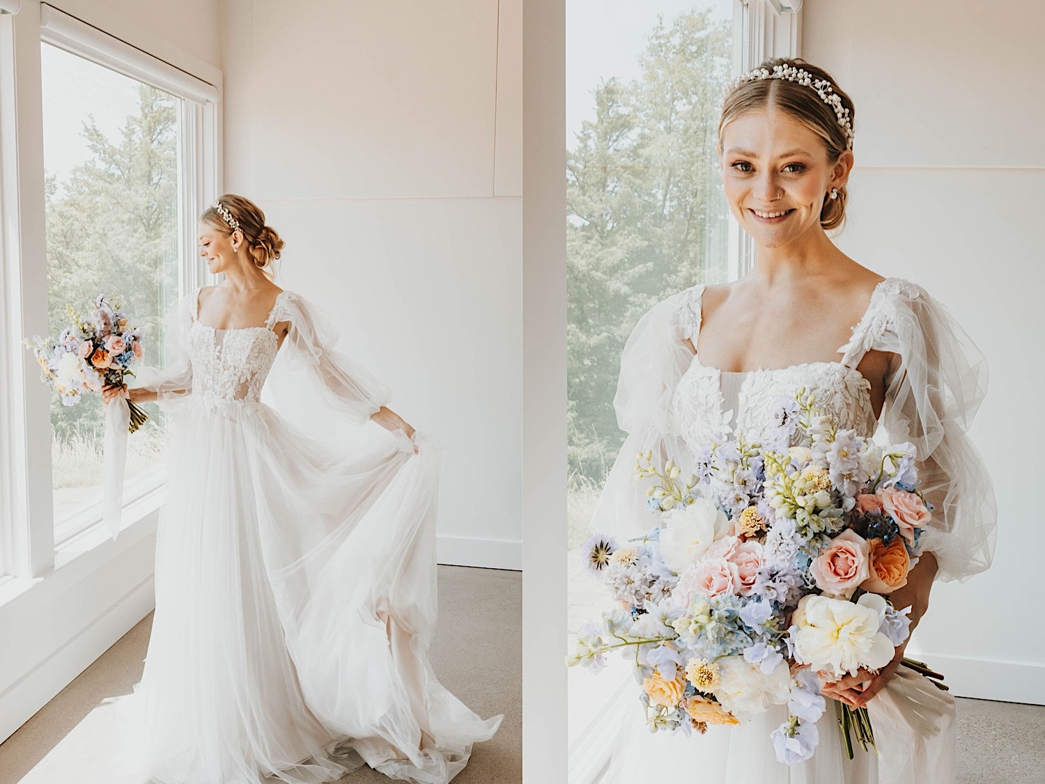 2 photos side by side, the left is of a bride in front of a window holding her bouquet and playing with her wedding dress while smiling, the right is of the bride smiling at the camera while holding her bouquet