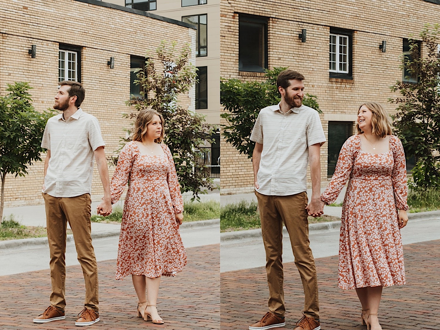 2 photos side by side of a couple holding hands and facing in opposite directions from one another while in front of a brick building