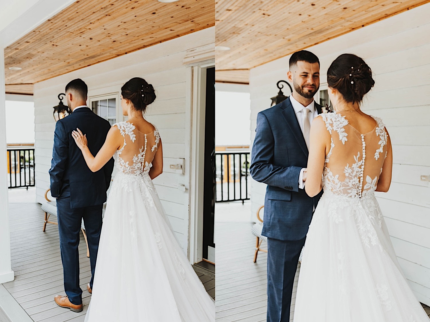 2 photos side by side, the left is of a bride touching the groom's shoulder to get him to turn around for their first look, the right is of the groom tearing up seeing the bride for the first time