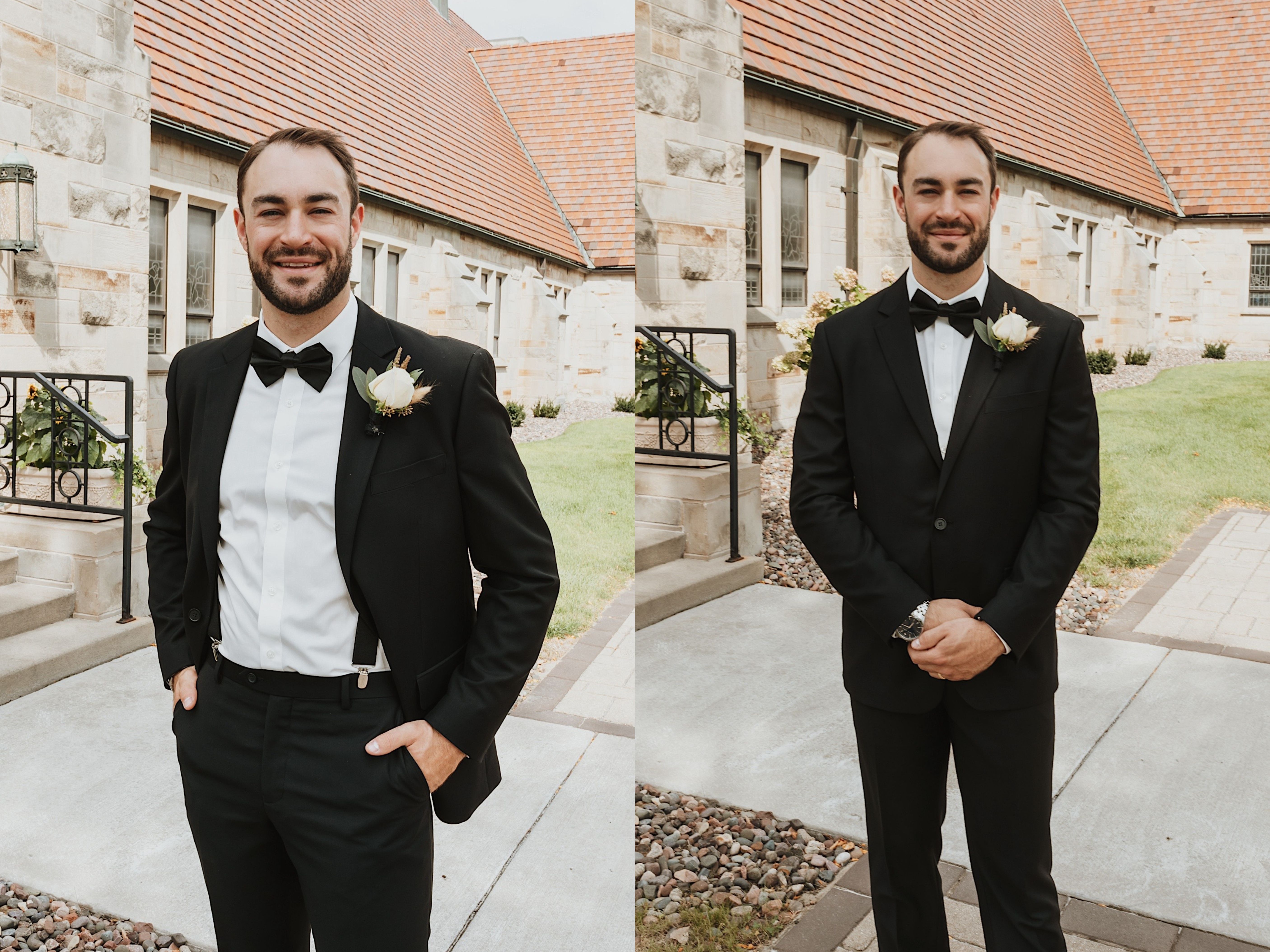 2 photos next to one another of a groom smiling at the camera