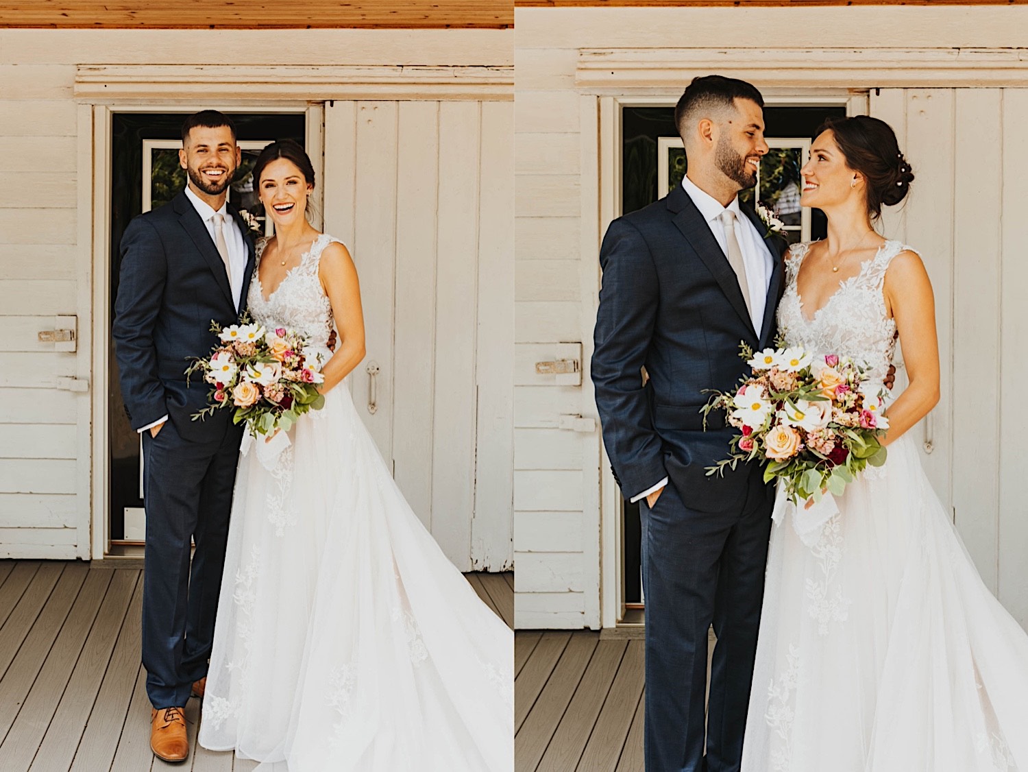 2 photos side by side, the left is of a bride and groom smiling at the camera while standing next to one another, the right is of them in the same position smiling at one another instead