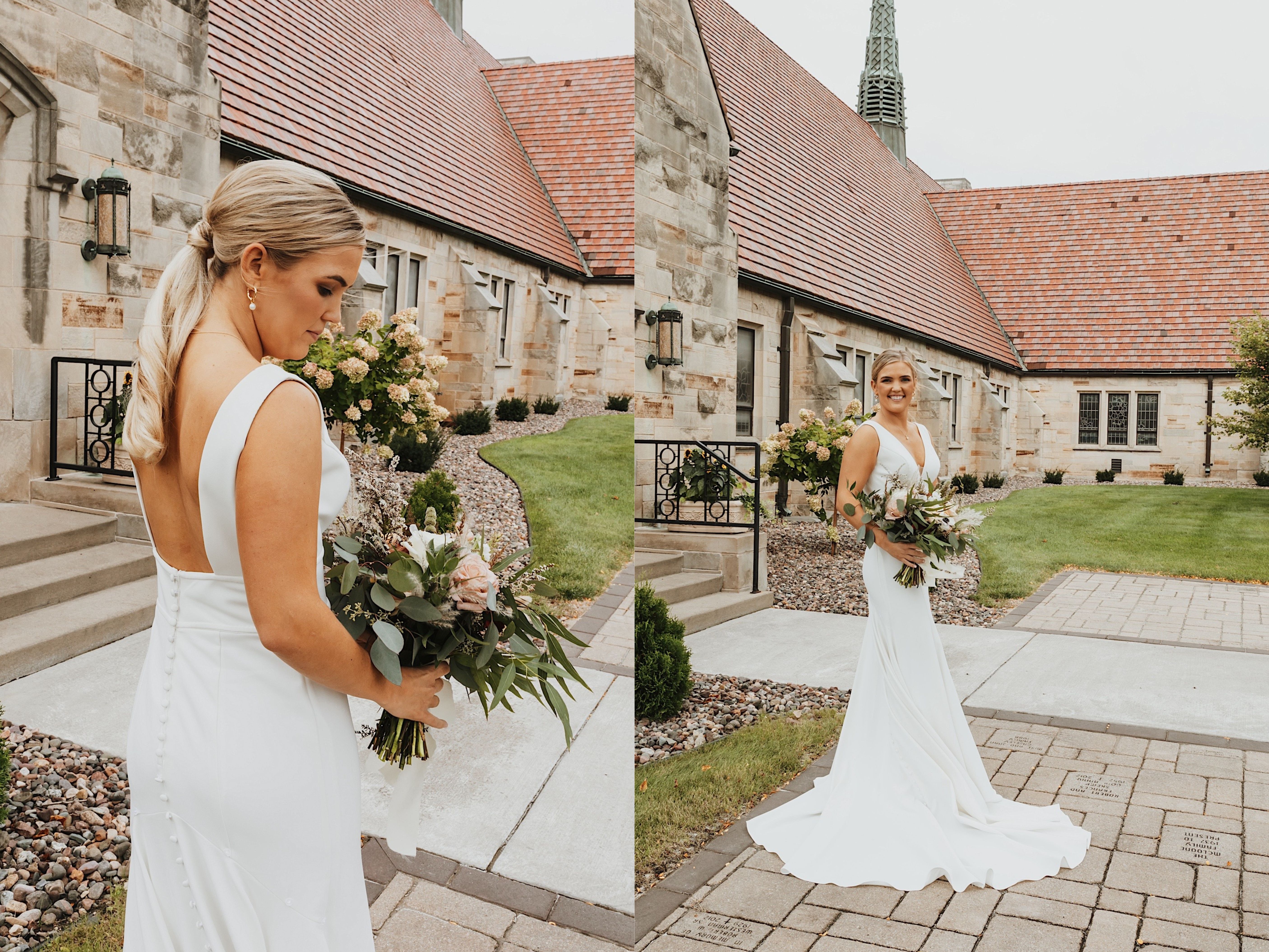 2 photos side by side of a bride in her wedding dress, the left she is facing away from the camera with a bouquet and the right she is smiling at the camera