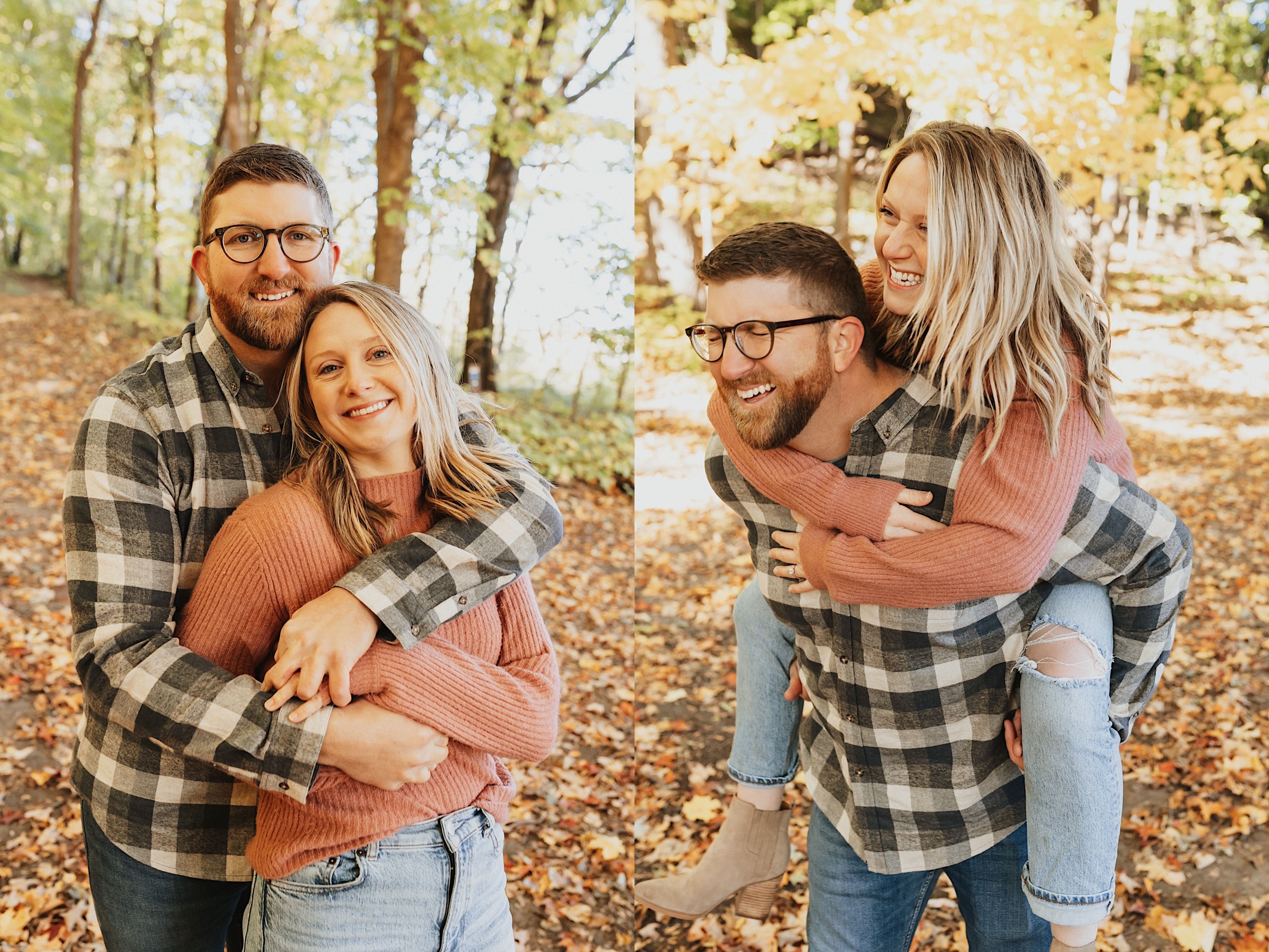 Two photos side by side, the left is of a man hugging a woman from behind as they both smile at the camera, the right is of the same couple and the woman is getting a piggyback ride from the man as they both smile to the left, both photos were taken on a leaf covered trail in the forest in the fall