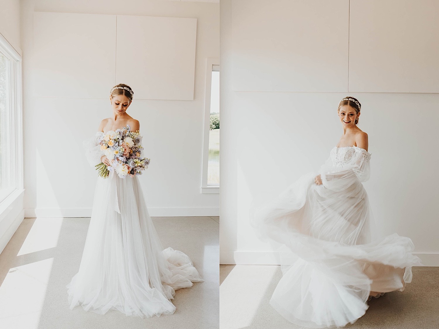 2 photos side by side, the left is of a bride holding her bouquet and looking down at it, the right is of the bride spinning in her dress and smiling at the camera