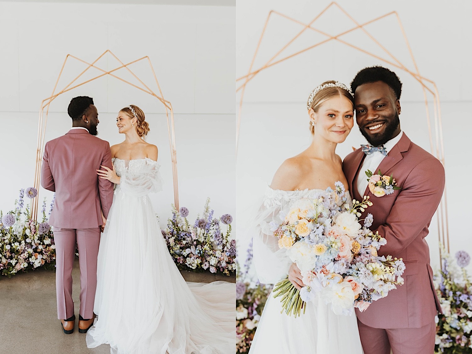 2 photos side by side, the left is of a bride and groom looking at one another while facing opposite directions in their wedding ceremony space, the right is of them both smiling at the camera while standing next to one another in the ceremony space