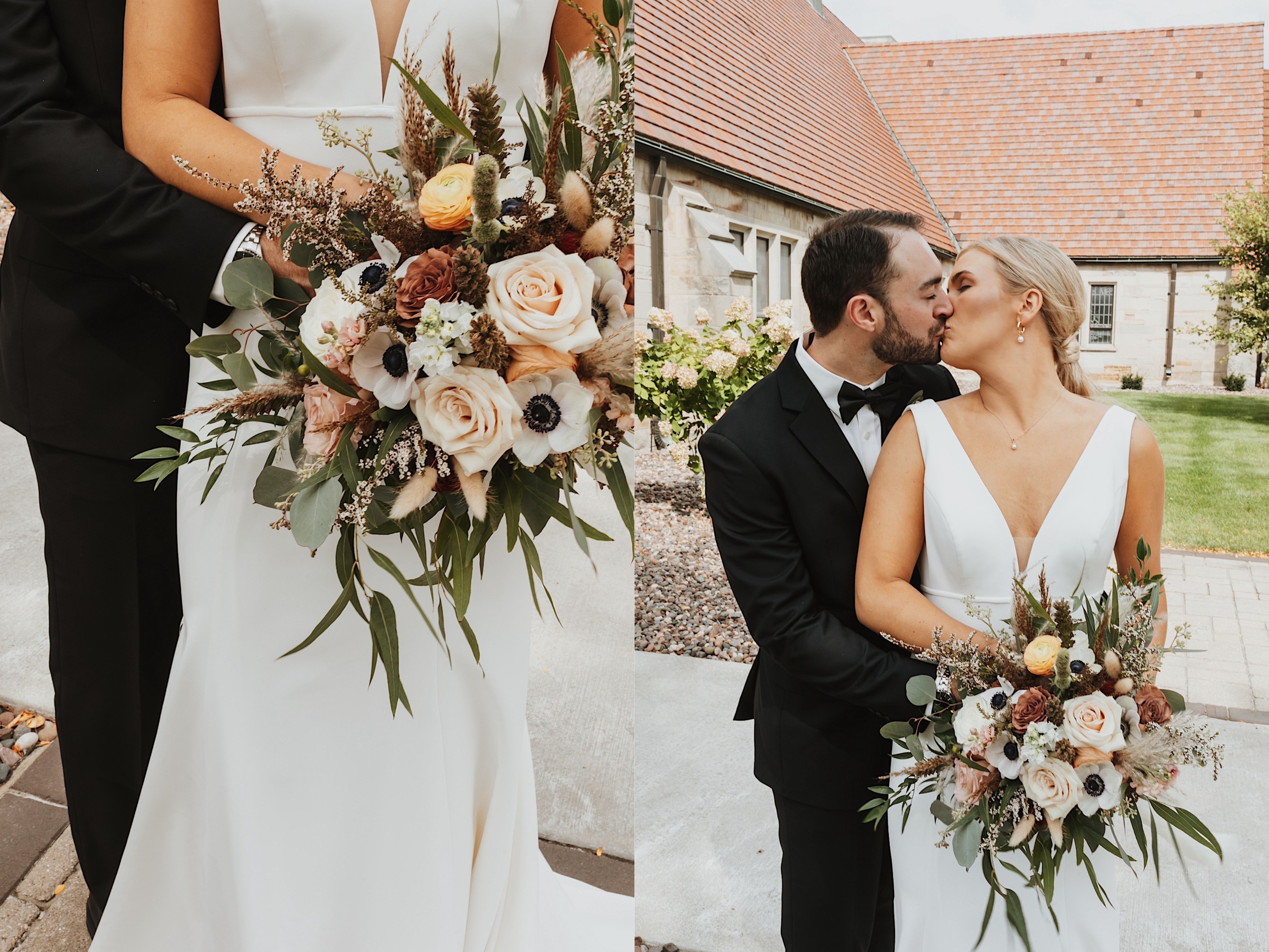 2 photos side by side, the left is a close up of a bouquet being held by a bride with the groom behind her, the right is of the bride and groom kissing