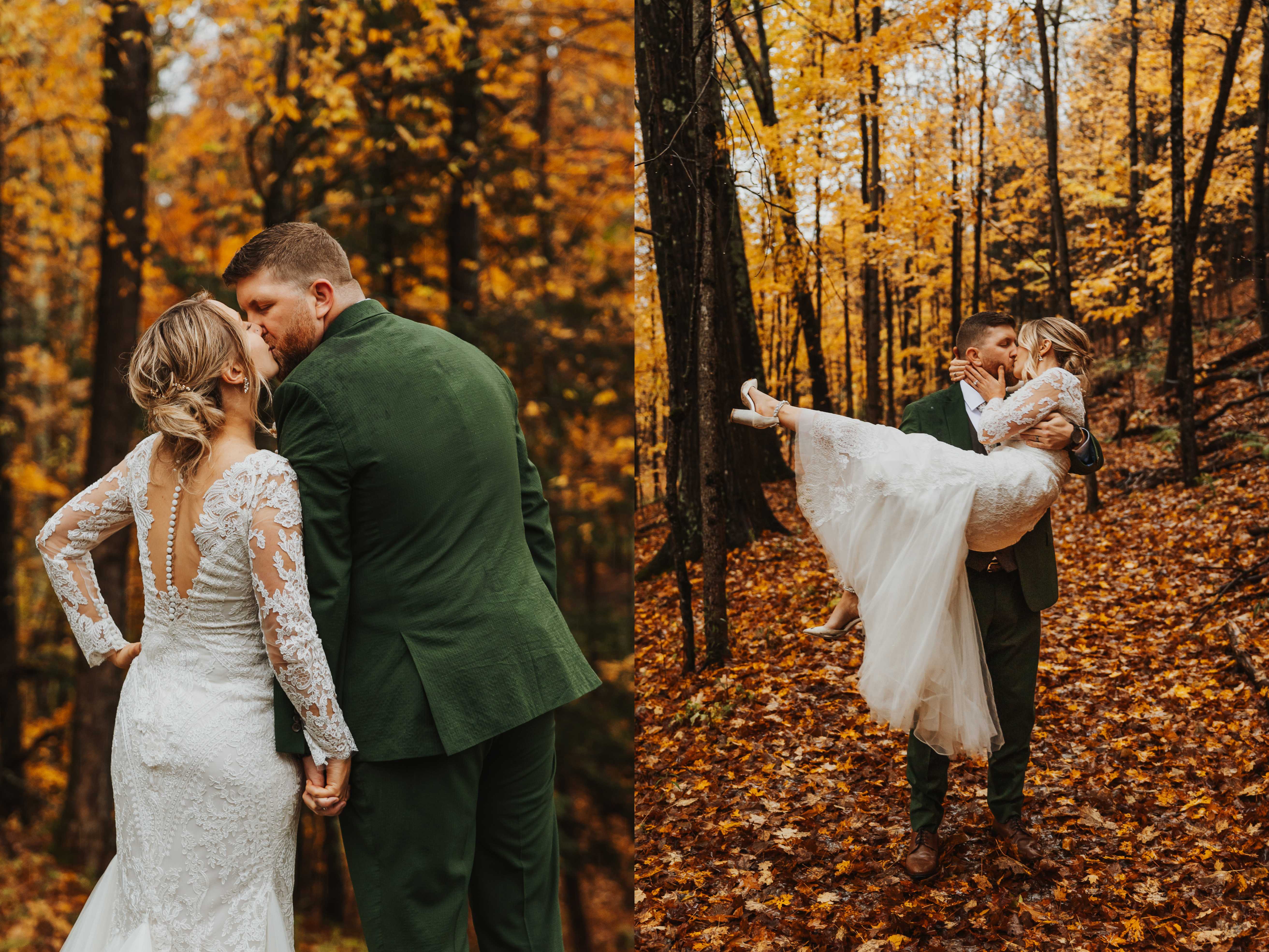 2 photos side by side of a bride and groom in a forest where all the leaves are yellow, the left photo is of them kissing and holding hands, the right is of them kissing while the groom holds the bride in his arms