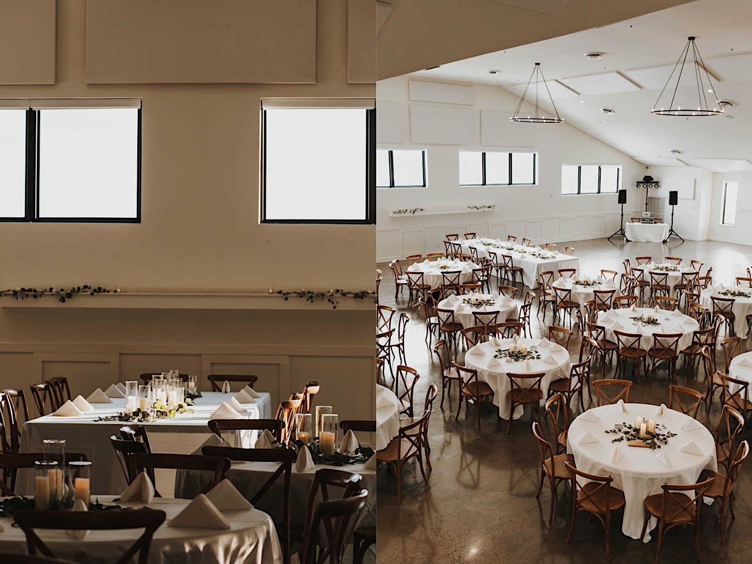 2 photos side by side of an indoor space at Woodhaven Weddings + Events, both photos are of the reception space from different angles showing off the space fully decorated 2 photos side by side of an indoor space at Woodhaven Weddings + Events, both photos are of the reception space from different angles showing off the space fully decorated