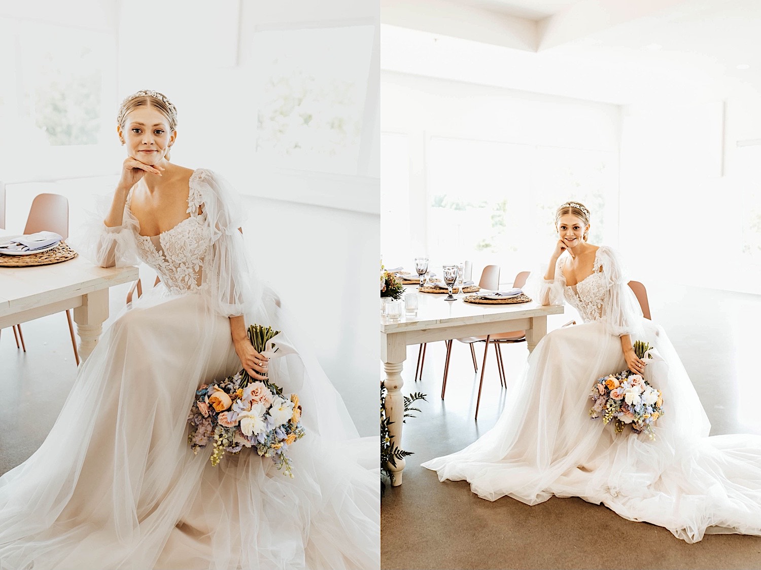2 photos side by side, the left is of a bride sitting at a table and looking at the camera while holding her bouquet, the right is a similar photo but the bride is smiling at the camera