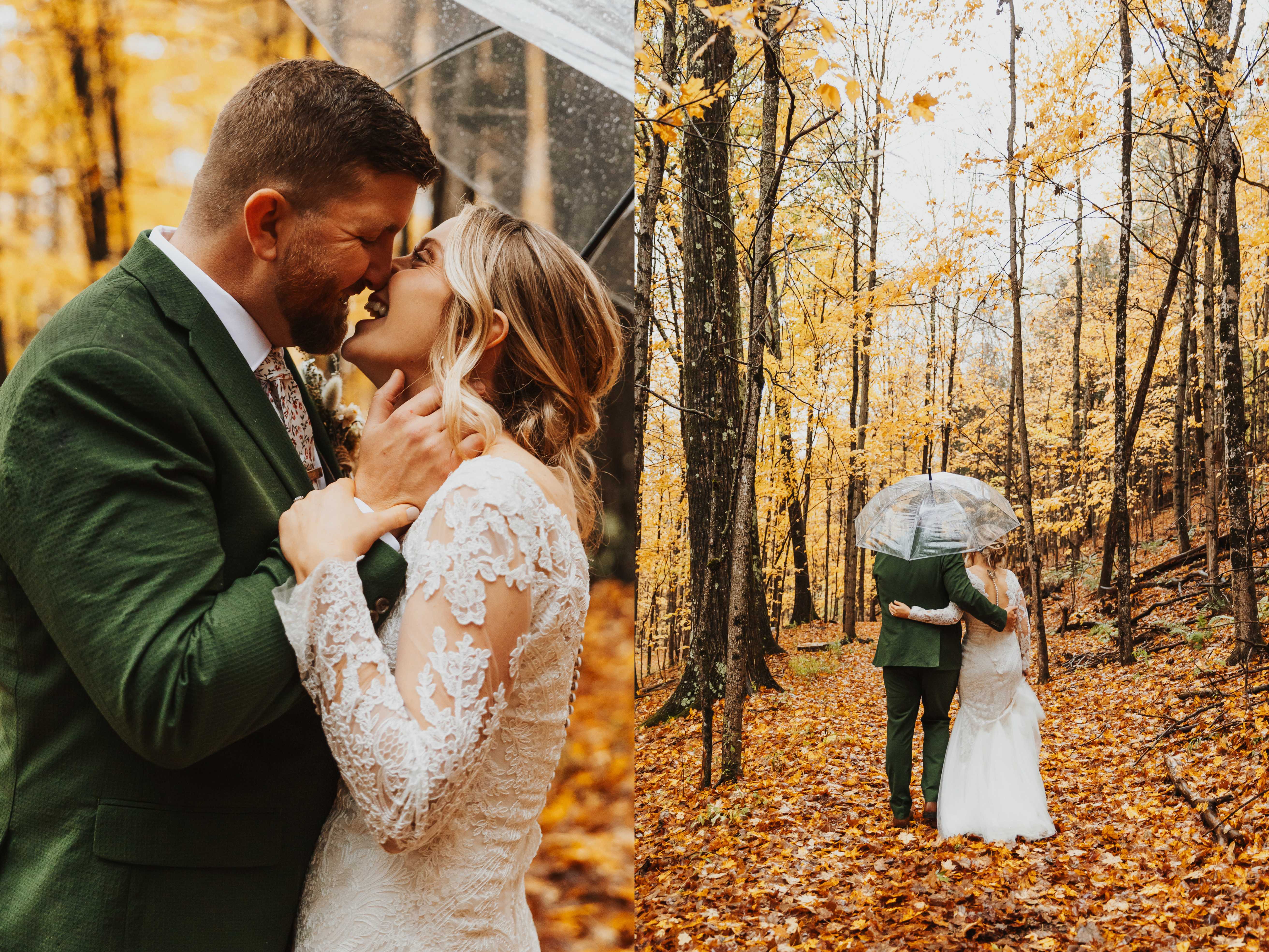 2 photos side by side of a bride and groom in a forest of yellow leaves, in the left photo they laugh as they're about to kiss, in the right they are walking away from the camera holding each other while under an umbrella