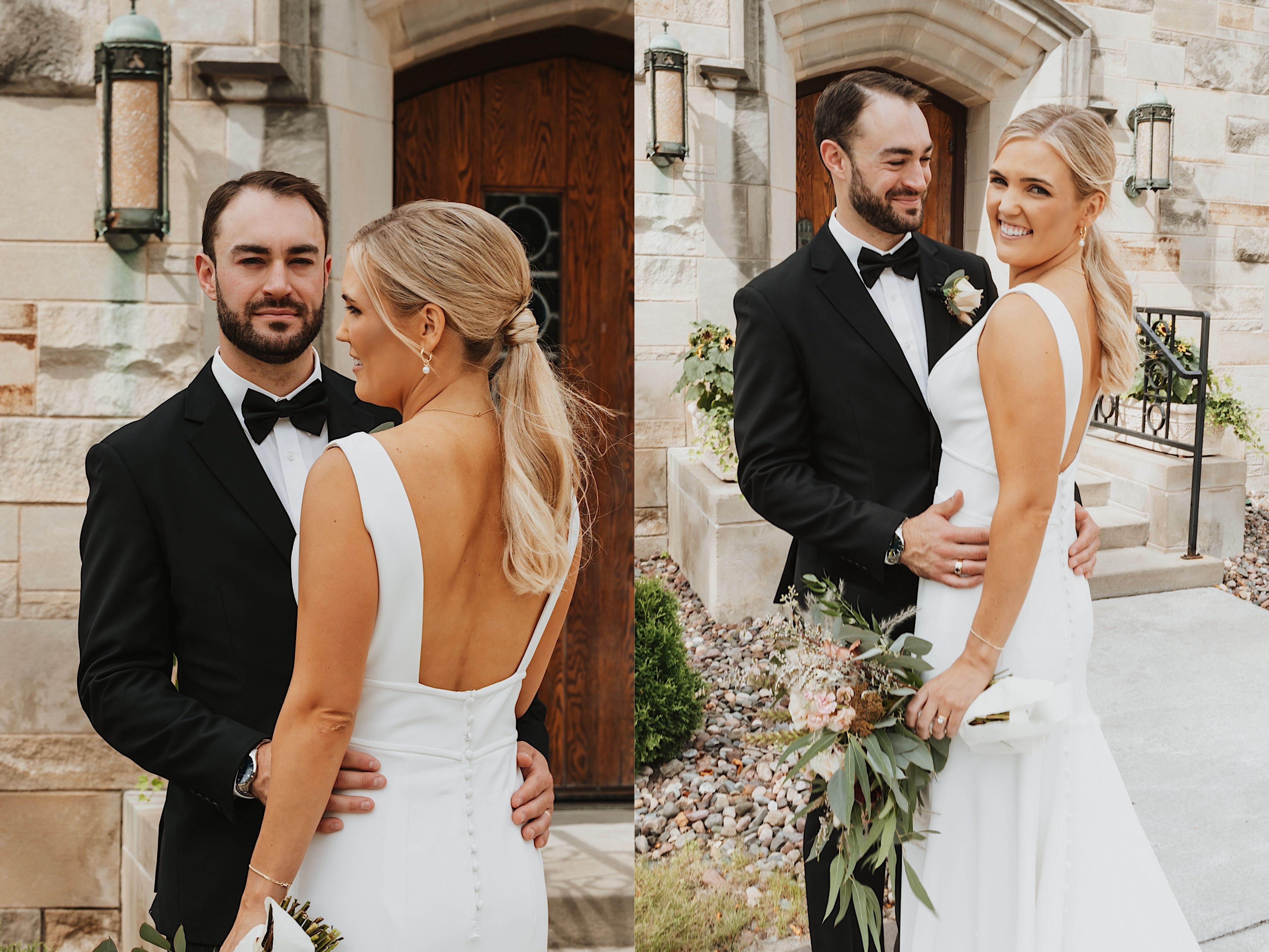 2 photos side by side of a bride and groom, the left has the groom looking at the camera while the bride looks left, the right has the bride smiling at the camera while the groom looks at her