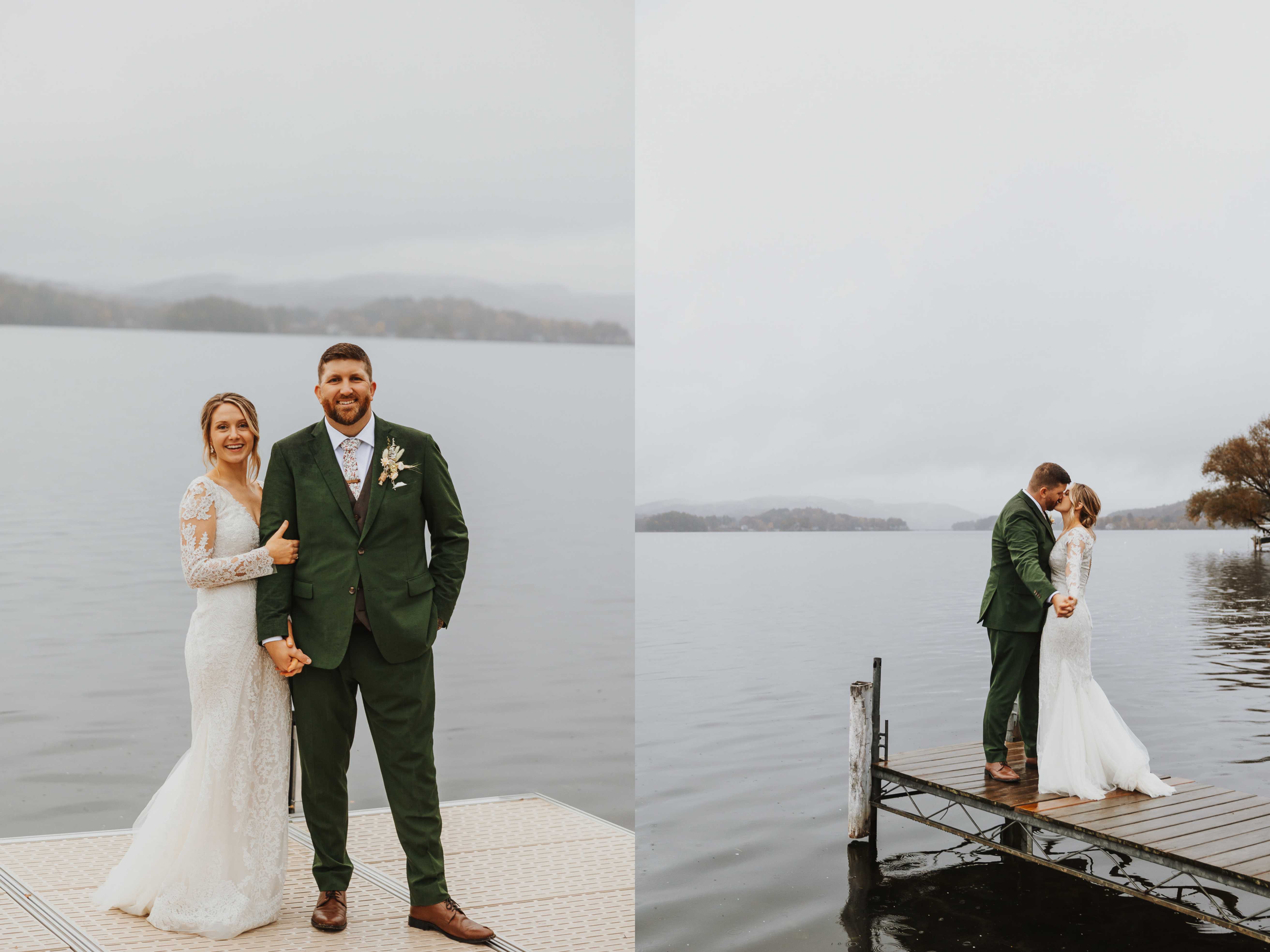 2 photos side by side, the left is a portrait photo of a bride and groom smiling at the camera while on a dock of Lake Bomoseen, the right is of the two kissing on the same dock