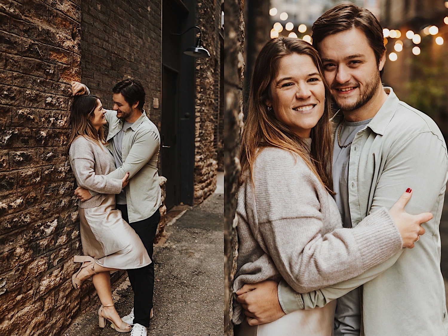 2 photos side by side of a couple in an alleyway of North Loop Minneapolis, the left is of them leaning up against a wall, the right is of them smiling at the camera