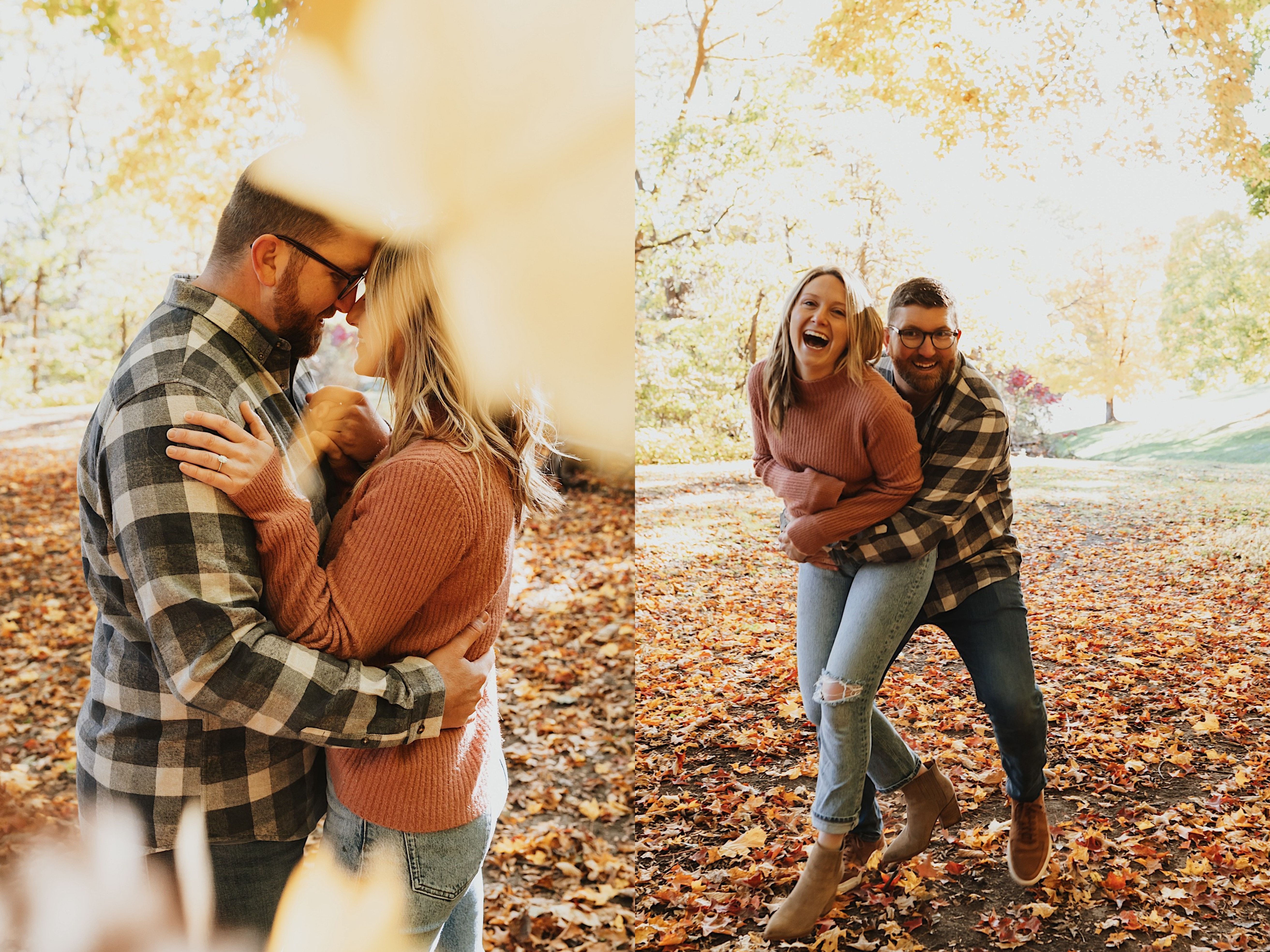 2 photos side by side, the left is of a couple embracing with leaves on the ground around them and leaves falling in the foreground, the right is of the same couple still surrounded by leaves but the woman is laughing as the man hugs her from behind while smiling at the camera