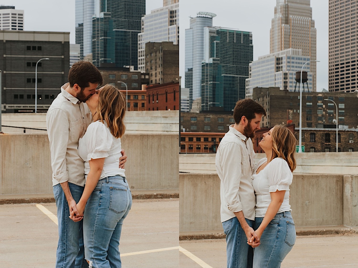 2 photos side by side of a couple standing together on the top of a parking garage in downtown Minneapolis, in the left they are kissing and in the right they are smiling at one another