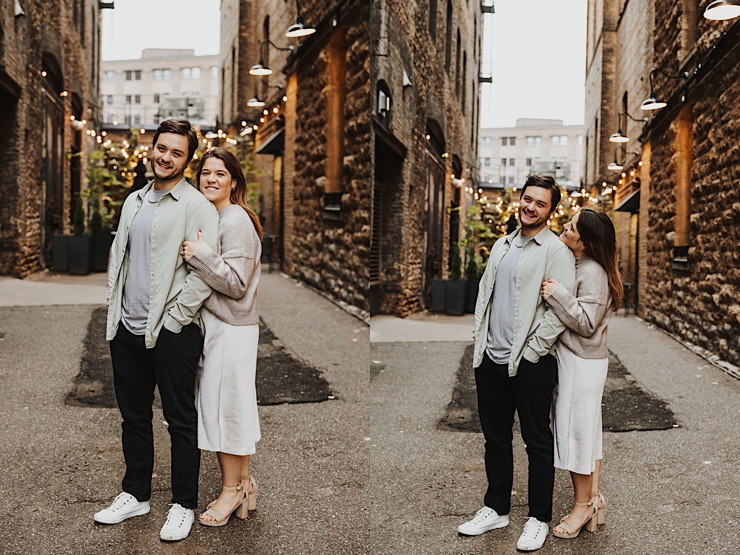 2 photos side by side of a couple standing in an alley of Minneapolis' North Loop and smiling at the camera