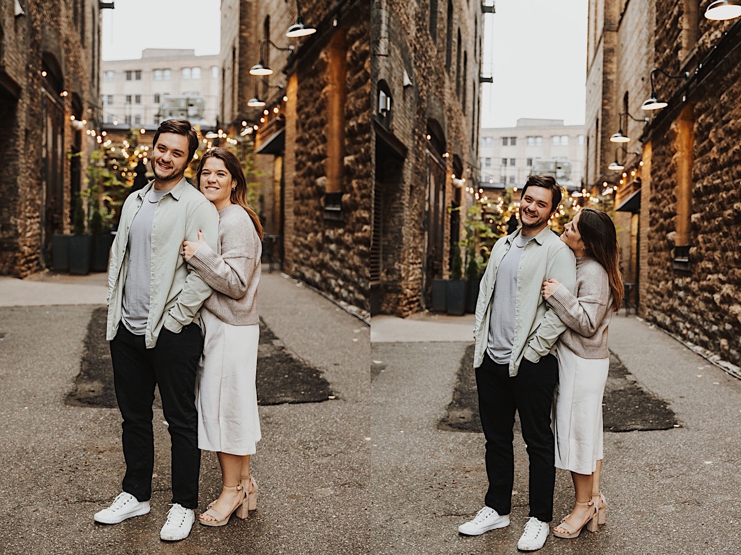 2 photos side by side of a couple standing in an alley of Minneapolis' North Loop and smiling at the camera 2 photos side by side of a couple standing in an alley of Minneapolis' North Loop and smiling at the camera