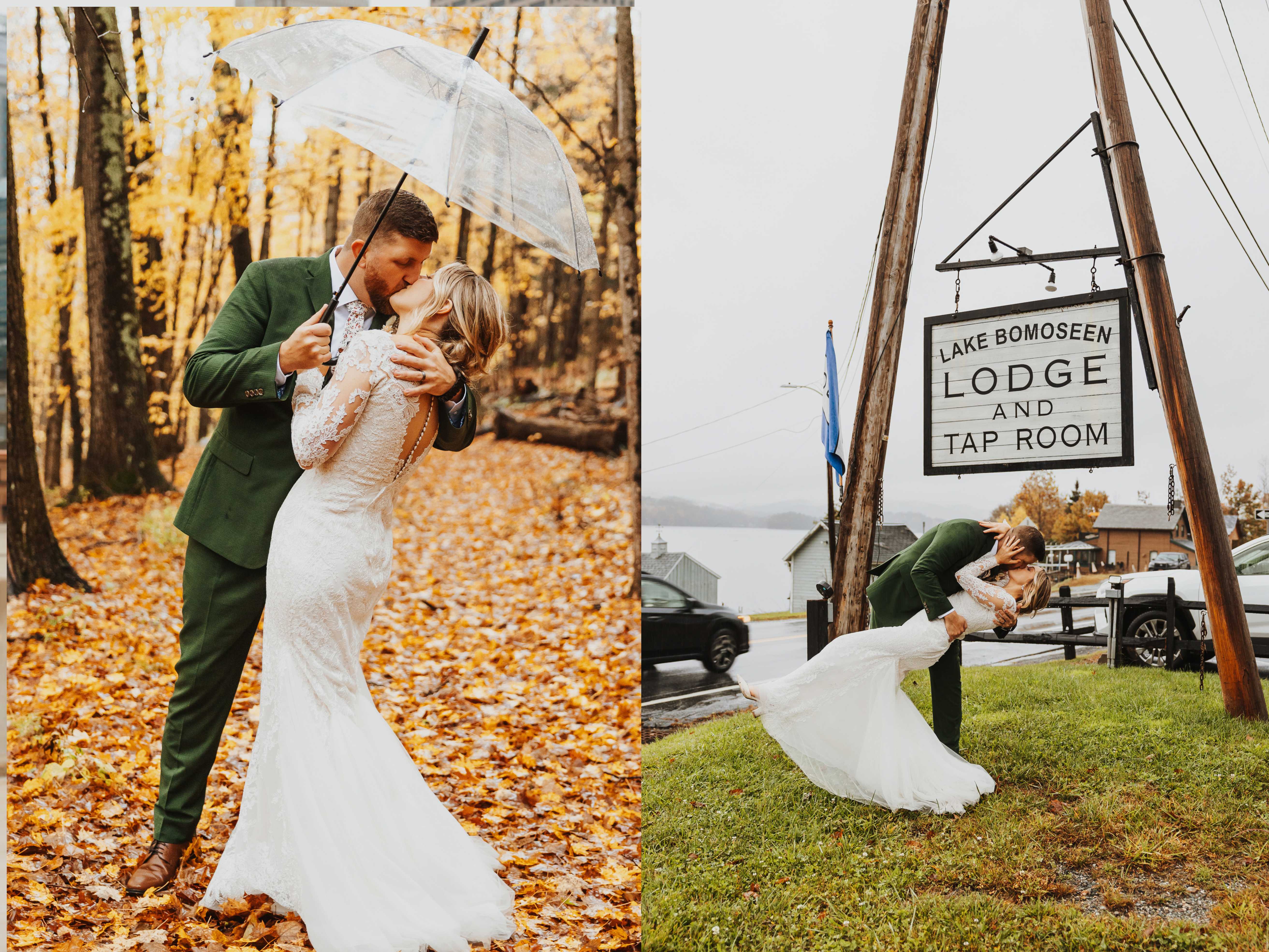 2 photos side by side, the left is of a bride and groom kissing in a forest under an umbrella, the right is of them kissing under the sign for Lake Bomoseen Lodge in Vermont