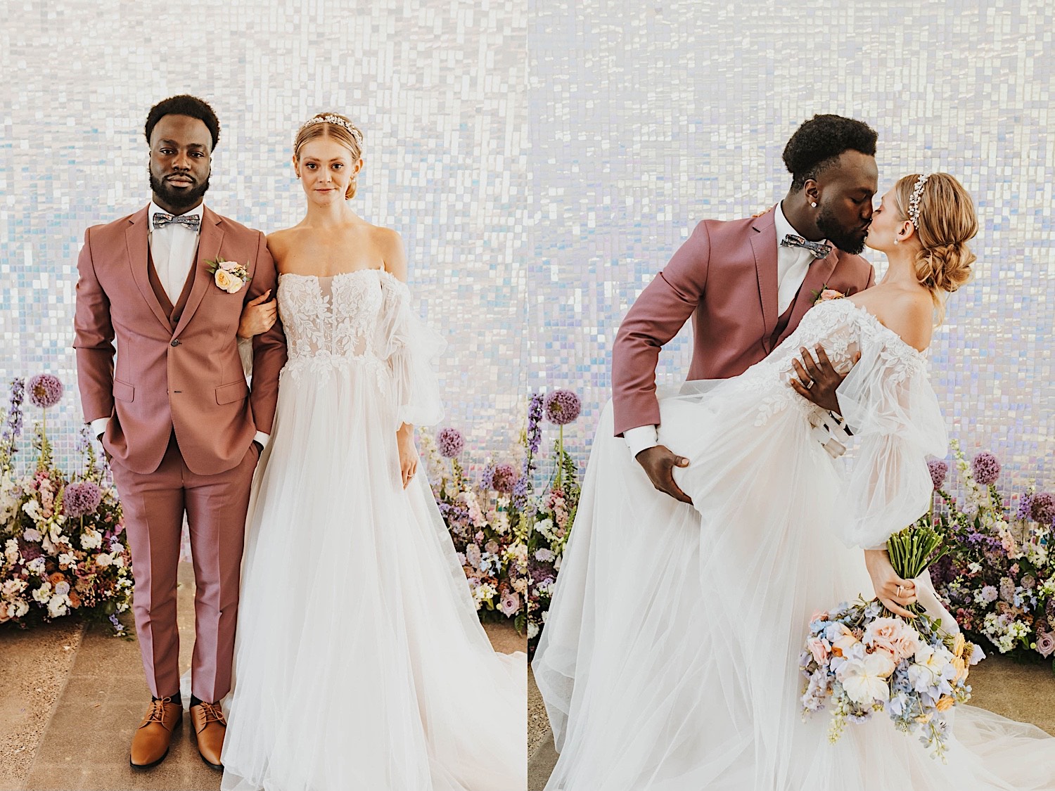 2 photos side by side of a bride and groom in front of a sparkling wall, the left is of them standing side by side making a serious face at the camera, the right is of the groom dipping and kissing the bride