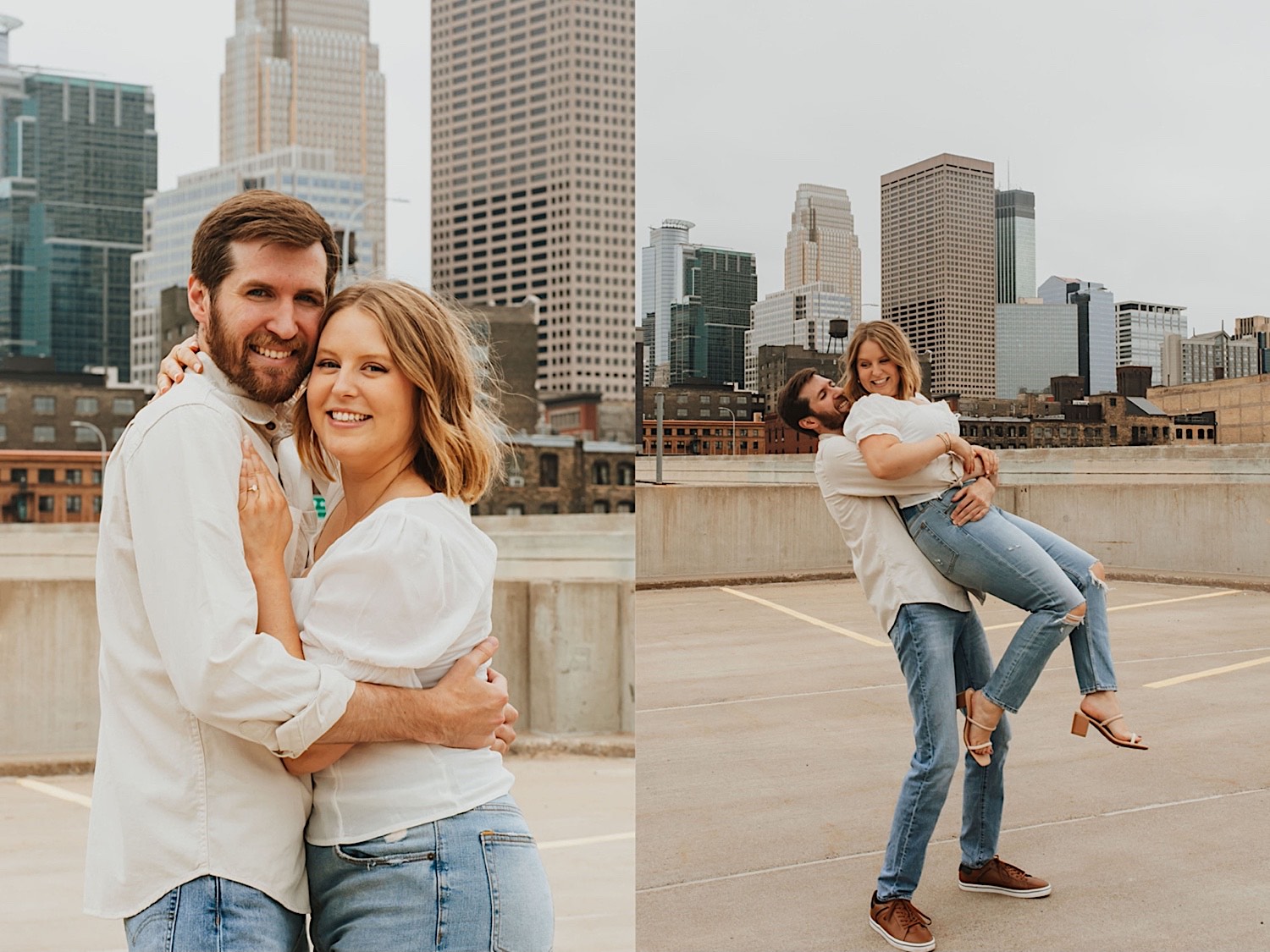 2 photos side by side of a couple on the top level of a parking garage in downtown Minneapolis, in the left they're hugging and smiling at the camera, in the right the man is lifting the woman up from behind
