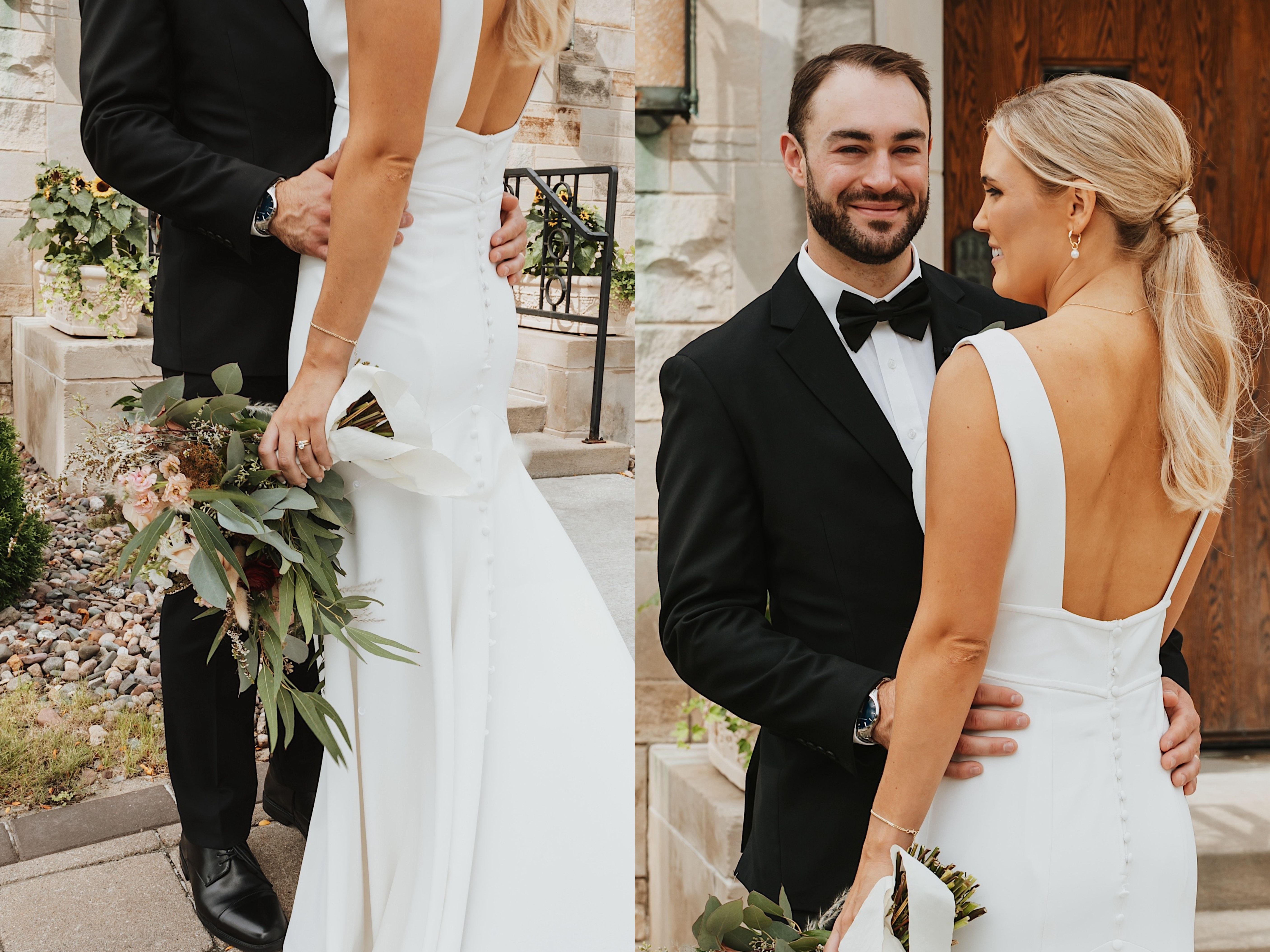 2 photos side by side, the left is a shoulder down photo of a groom holding a bride, the rights is a groom smiling at the camera while the bride looks to the left