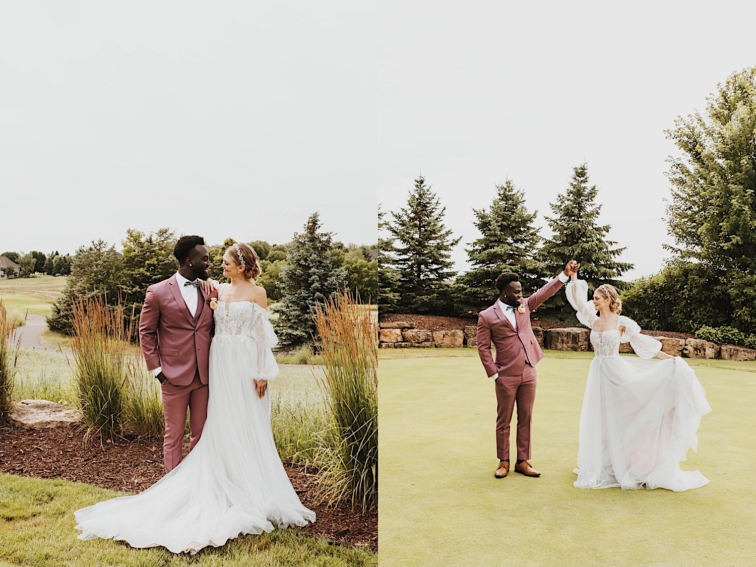 2 photos side by side of a bride and groom out on a golf course, the left photo is of them standing side by side and smiling at one another, the right is of them dancing together on a putting green