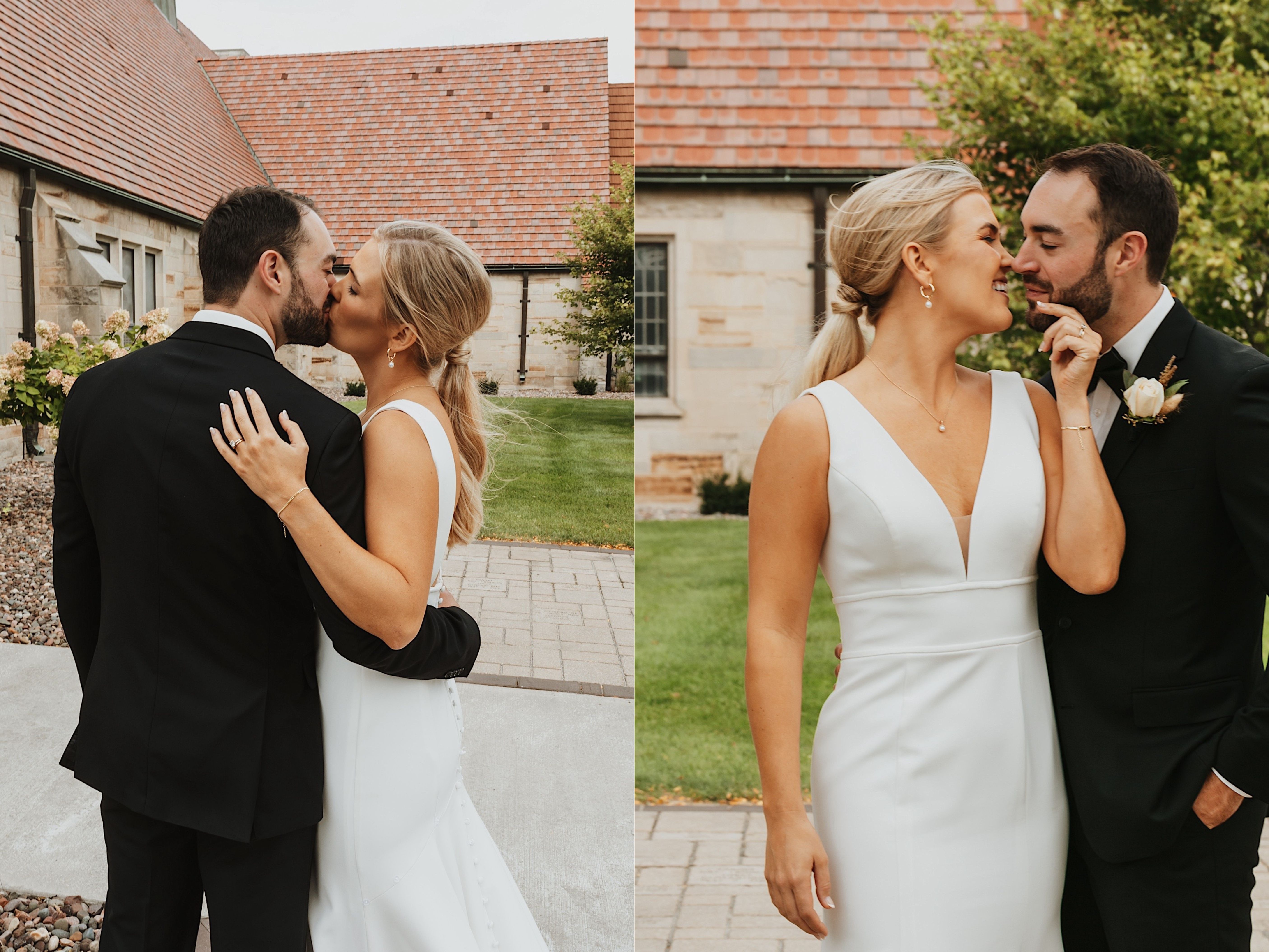 2 photos side by side, the left is of a bride and groom kissing facing away from the camera, the right is of them about to kiss while facing the camera