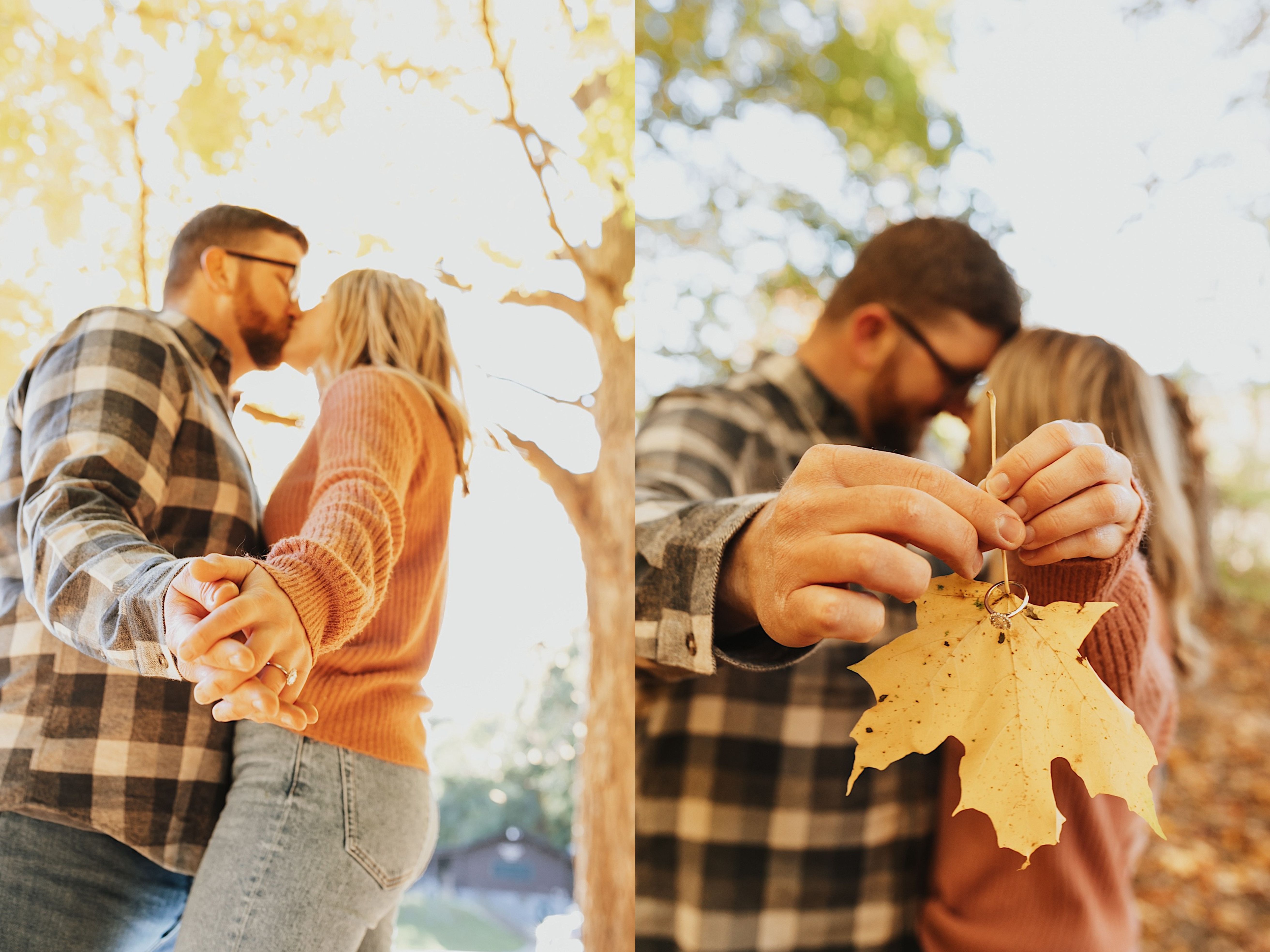 Two photos side by side, the left is of a couple kissing one another while holding hands, their hands are extended down towards the camera with an engagement ring on the woman's hand, the right photo is of that same couple holding a yellow leaf with an engagement ring on the stem as they are about to kiss in the background