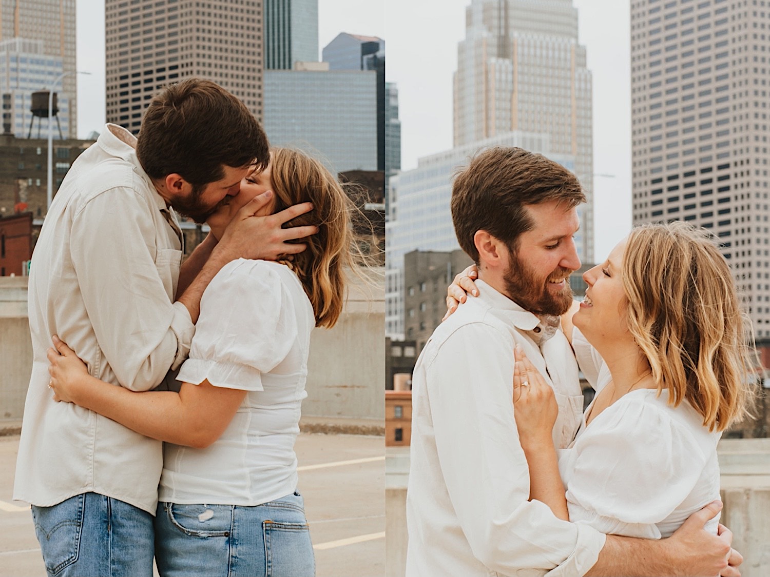 2 photos side by side of a couple on the top level of a parking garage in downtown Minneapolis, in the left they are kissing and in the right they smile at one another