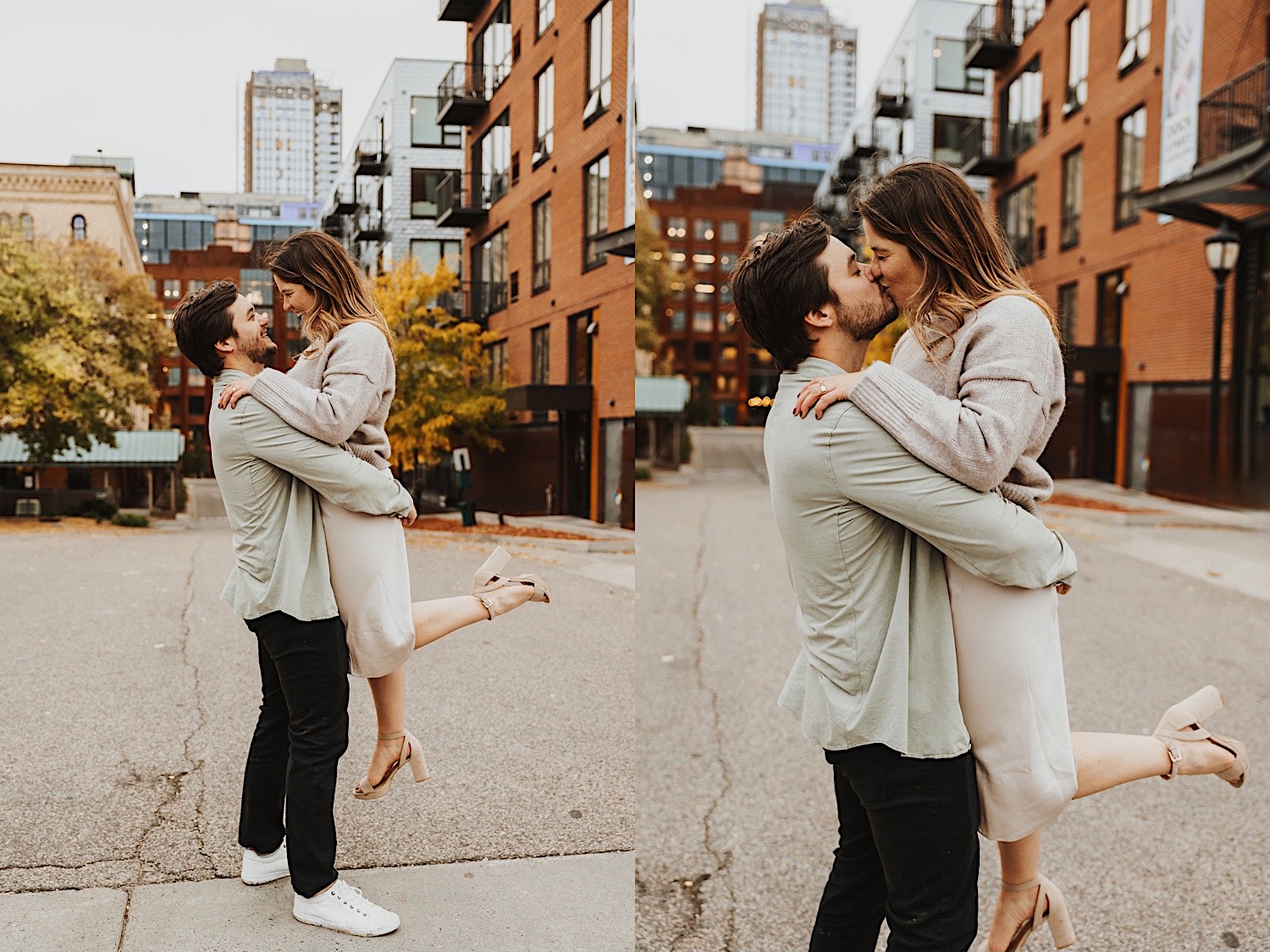 2 photos side by side of a couple in Minneapolis' North Loop where the man is lifting the woman in the air, in the left they smile at one another and in the right they are kissing