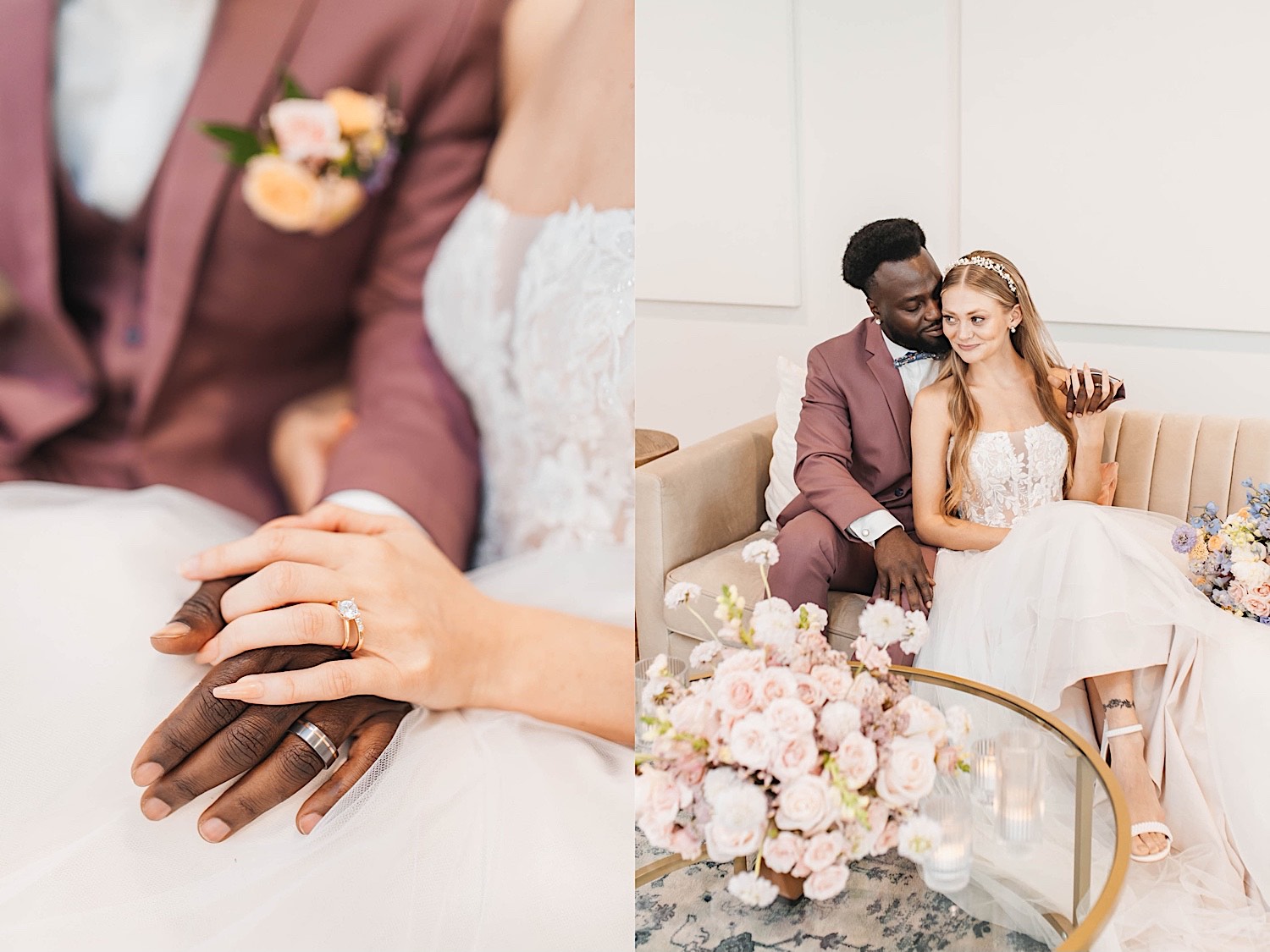 2 photos side by side, the left is a close up photo of a bride and grooms hands holding one another showing off their wedding rings, the right is of the couple sitting on a couch and the groom is about to kiss the bride's cheek
