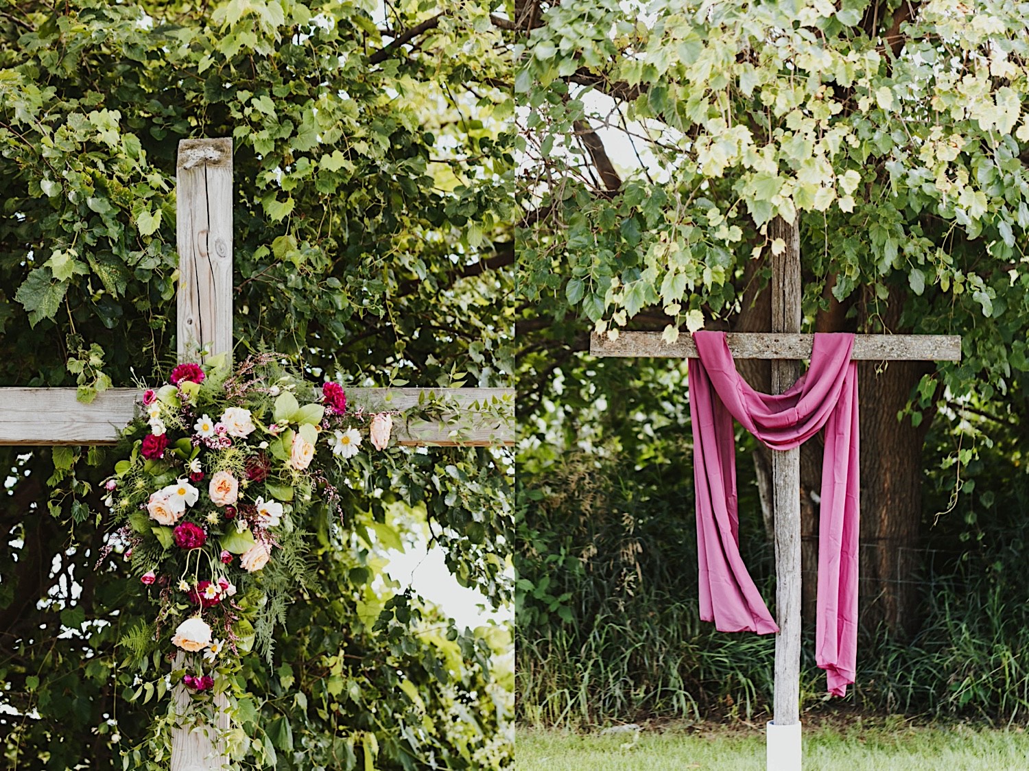2 photos side by side, the left is a wooden cross with flowers on it, the right is a wooden cross with pink/red fabric draped across it