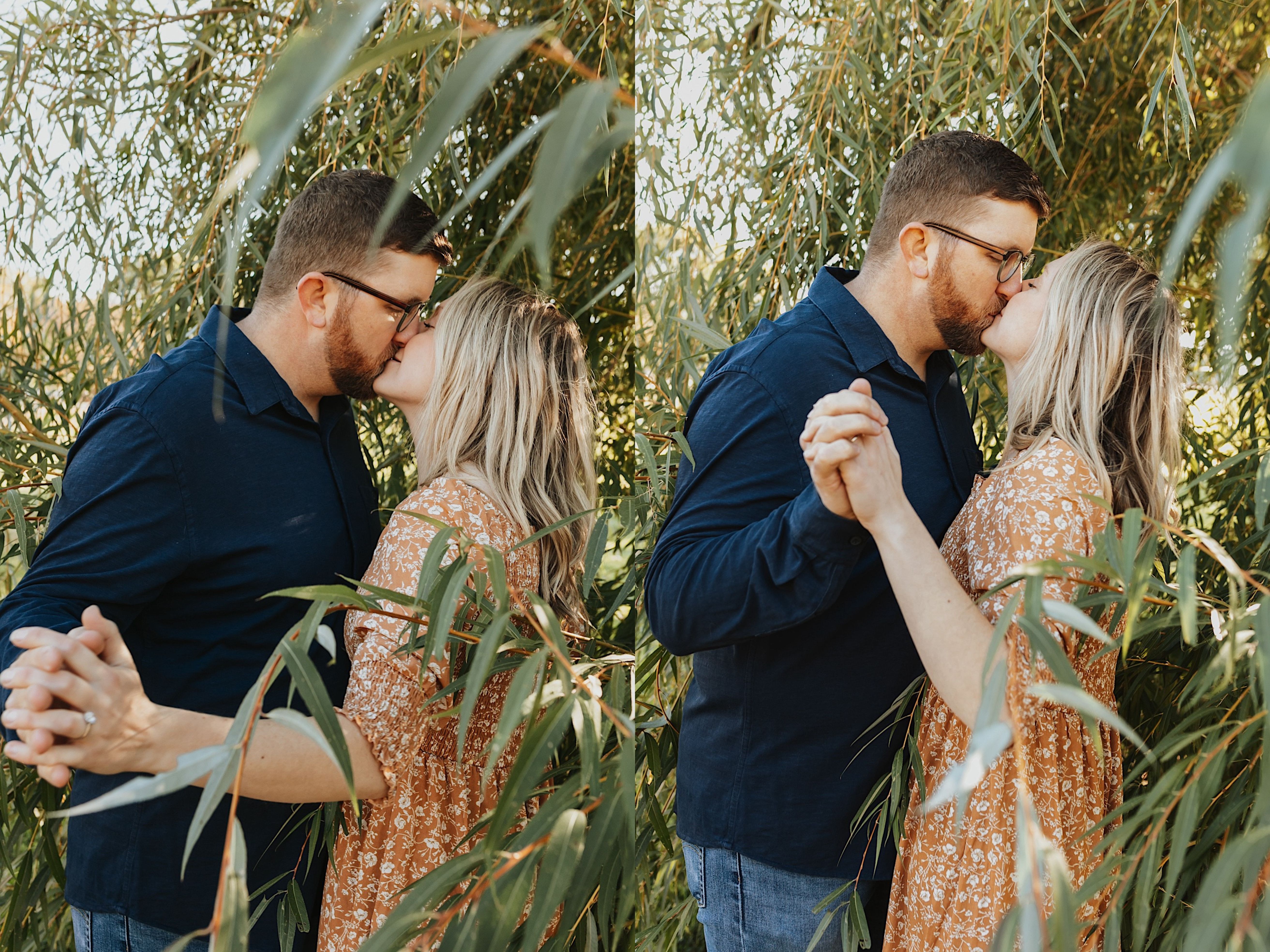 Two photos side by side of a couple kissing one another surrounded by the leaves of a large tree, the left photo is the start of the kiss while the right is slightly after