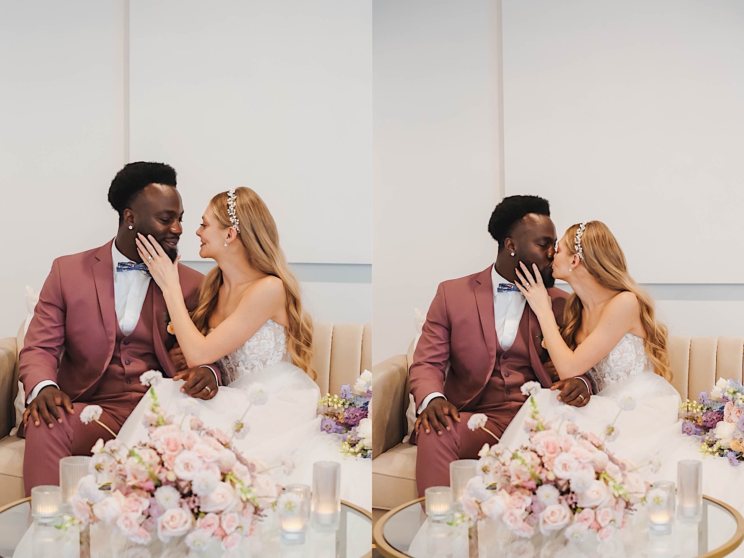 2 photos side by side, the left is of a bride and groom about to kiss while sitting on a couch, the right is of them kissing on the couch