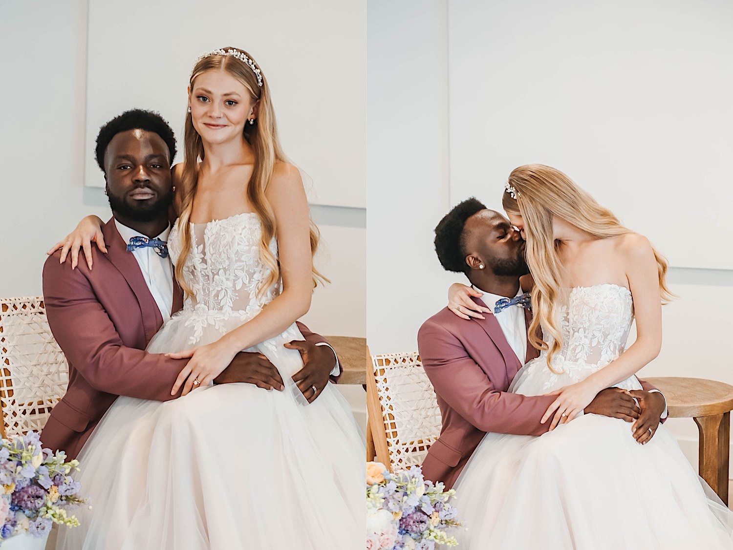 2 photos side by side of a bride and groom, in the left the groom is sitting on a chair while the bride sits on his lap and they both look at the camera, the right photo is of them in the same position but kissing one another