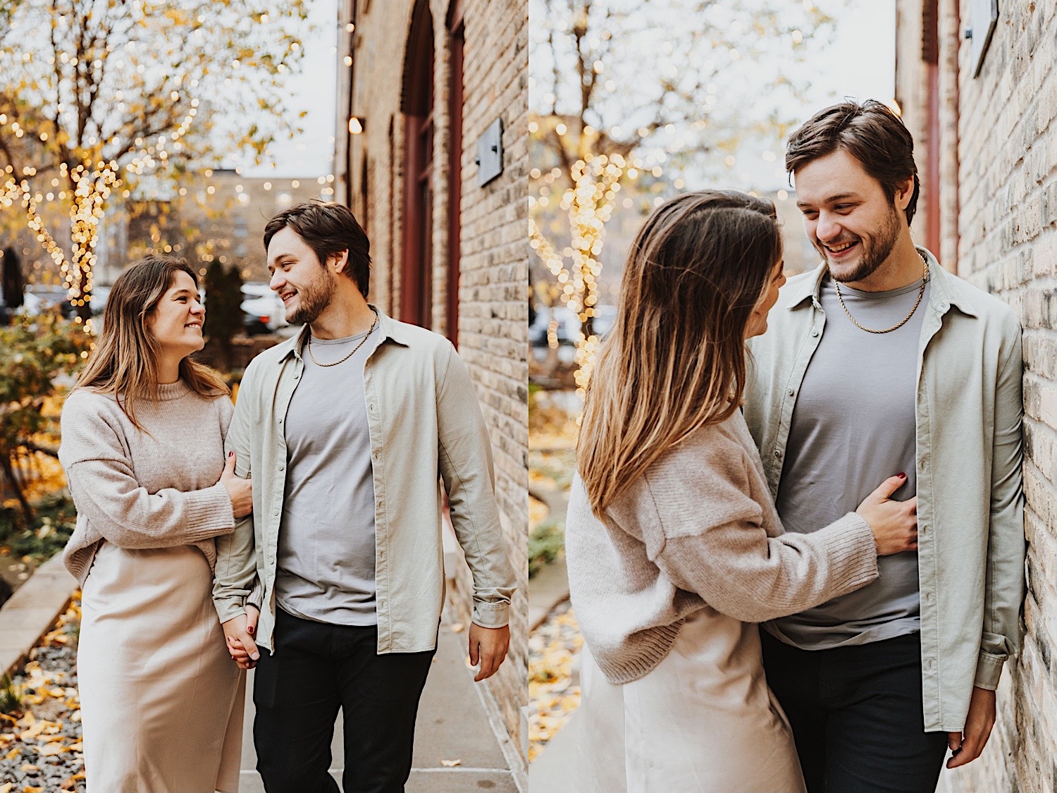 2 photos side by side of a couple in Minneapolis' North Loop walking along a sidewalk together 2 photos side by side of a couple in Minneapolis' North Loop walking along a sidewalk together