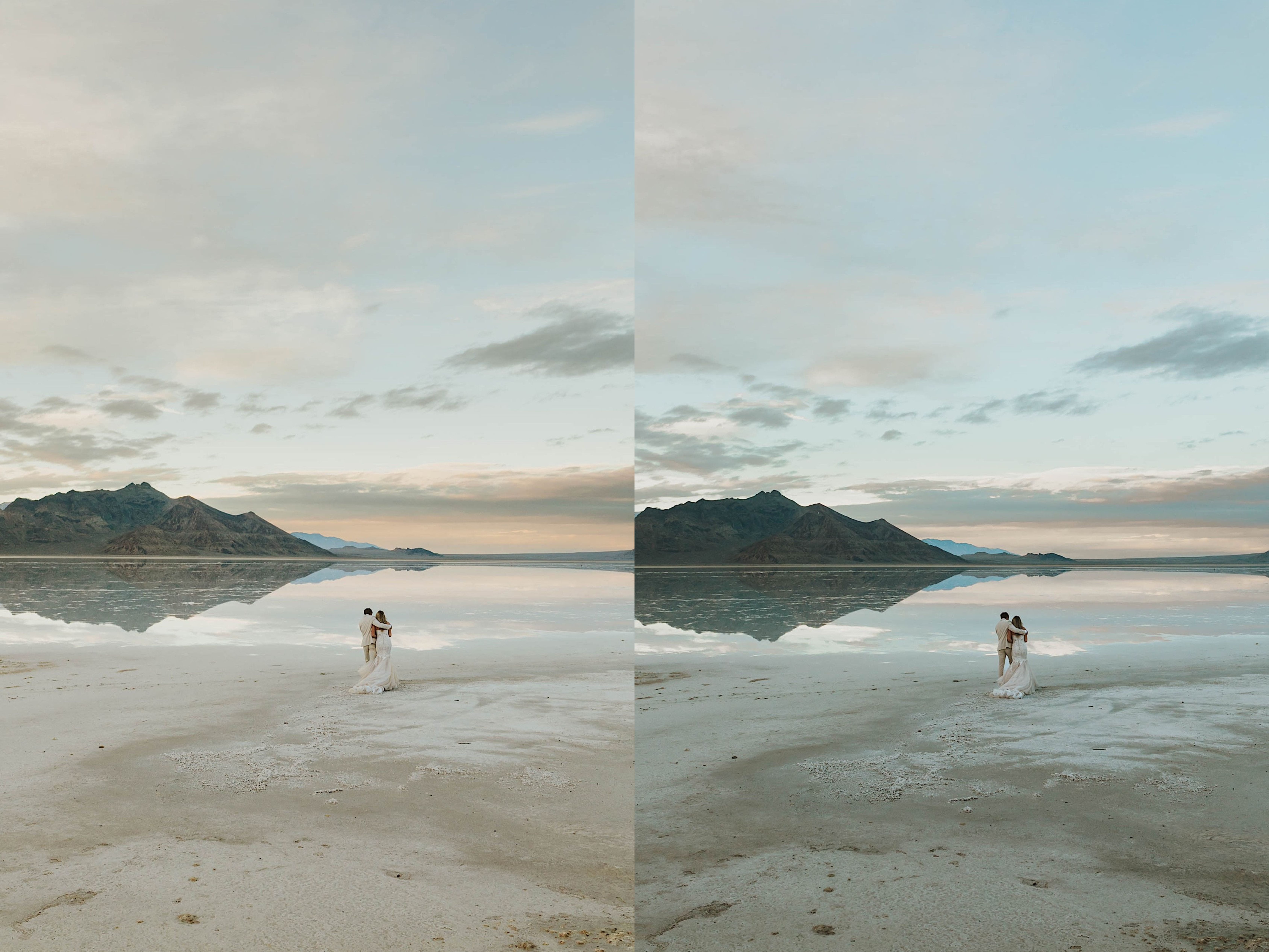 2 photos side by side of a bride and groom in the distance walking through the Utah Salt Flats together towards the mountains in the distance