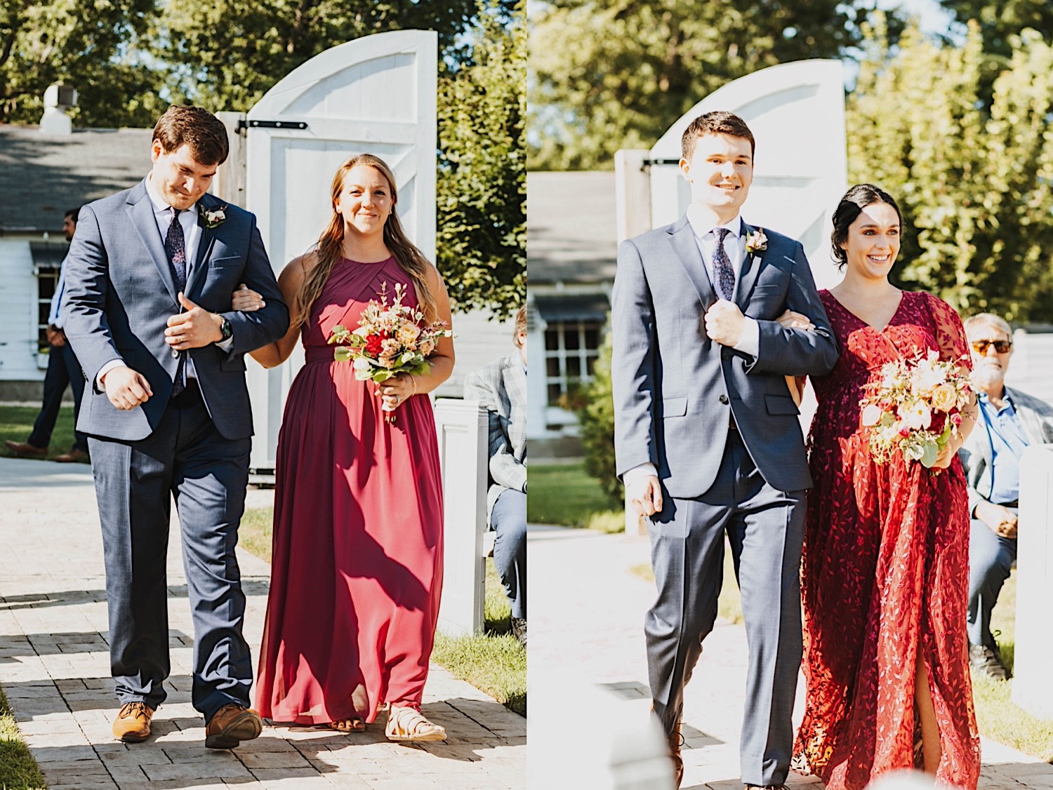 2 photos side by side of bridesmaids and groomsmen walking arm in arm down the aisle of an outdoor wedding ceremony together