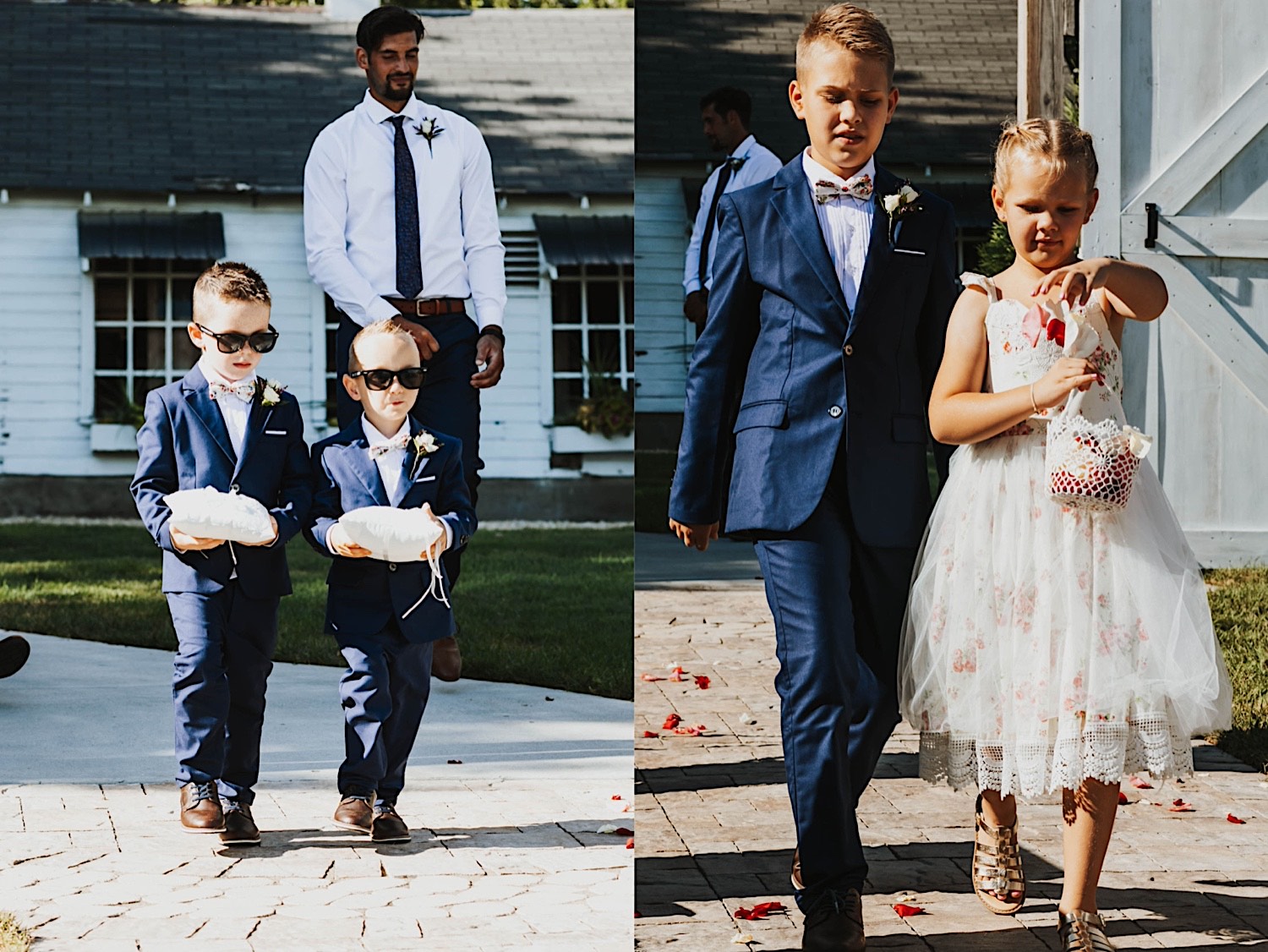 2 photos side by side, the left is of two young boys who are ring bearers walking down the aisle, the right is of the flower girl and a young boy walking down the aisle together 2 photos side by side, the left is of two young boys who are ring bearers walking down the aisle, the right is of the flower girl and a young boy walking down the aisle together