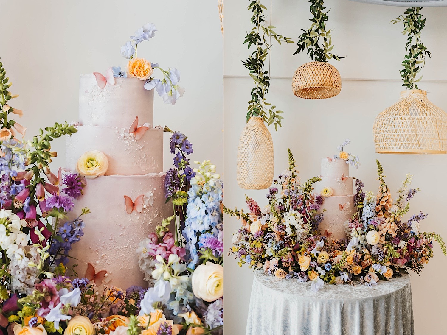 2 photos side by side of a wedding cake surrounded by flowers, the left photo is a close up 2 photos side by side of a wedding cake surrounded by flowers, the left photo is a close up