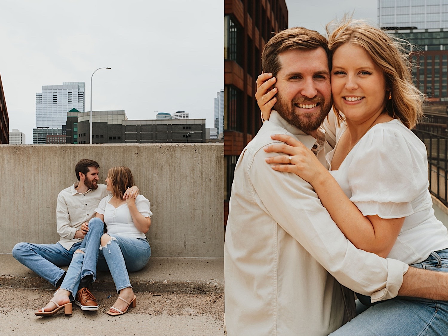 2 photos side by side of a couple on the top level of a parking garage in downtown Minneapolis, in the left they sit next to one another and lean against the wall, in the right they embrace and smile at the camera together
