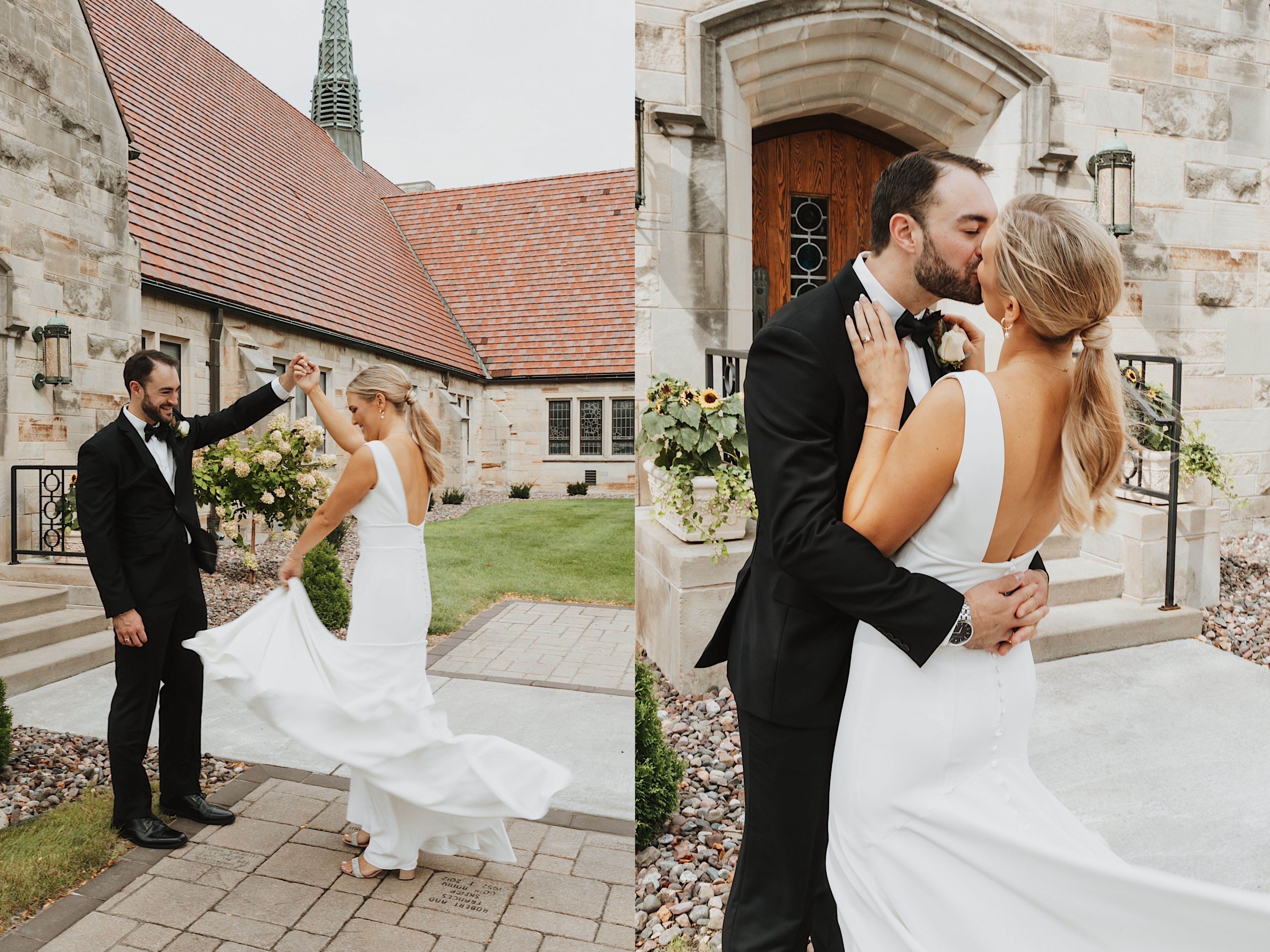 2 photos side by side, the left is of a groom smiling as he spins the bride, the right is of the bride and groom kissing one another
