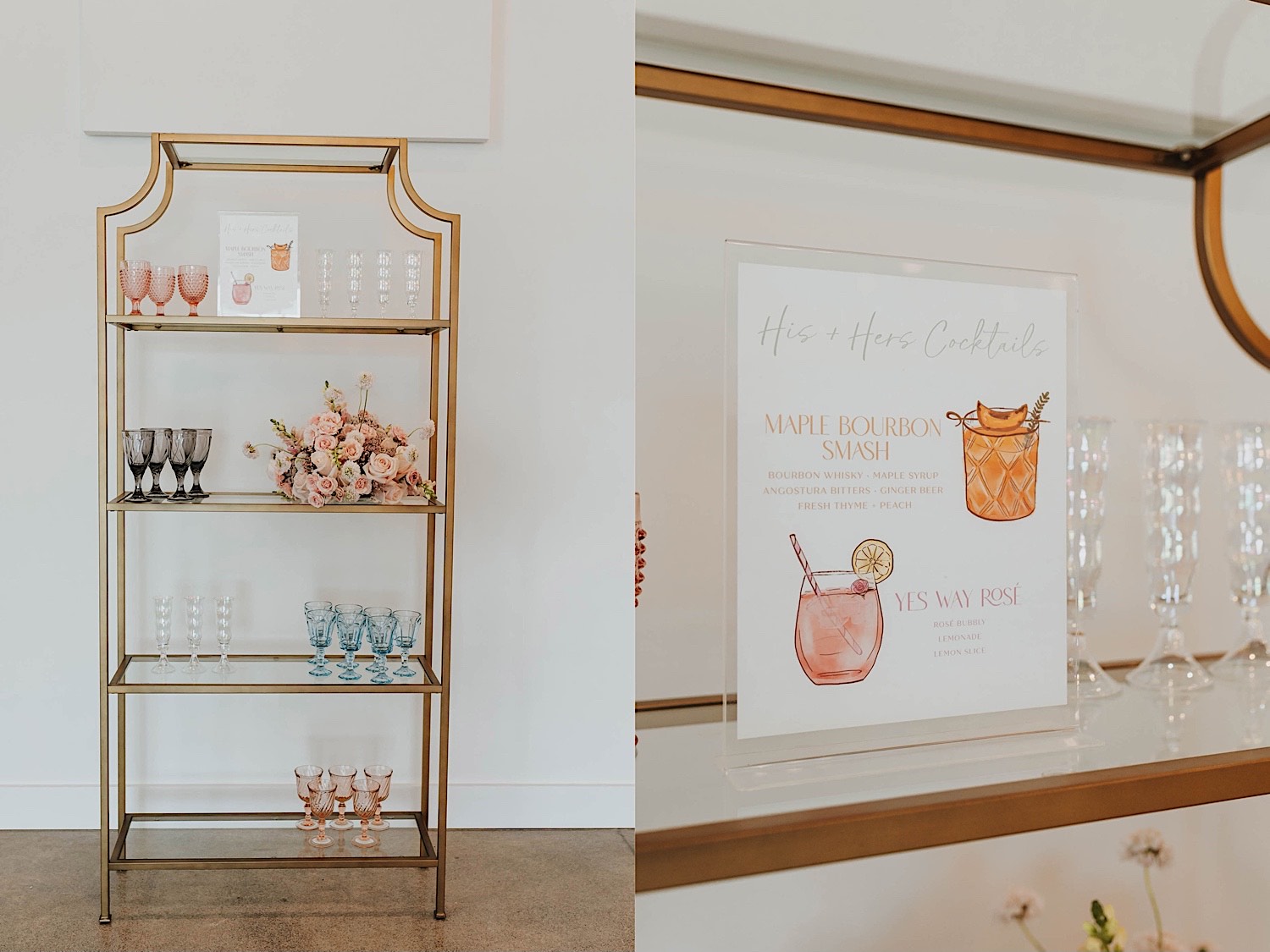 2 photos side by side, the left is of a shelf with colored glassware on it, the right is a close up photo of the signature drink menu resting on the shelf