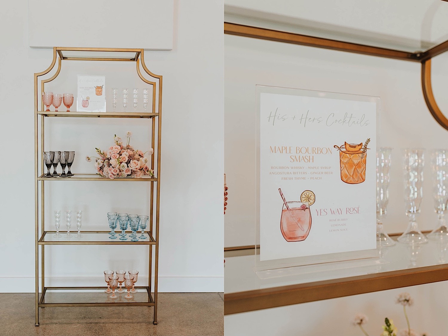 2 photos side by side, the left is of a shelf with colored glassware on it, the right is a close up photo of the signature drink menu resting on the shelf 2 photos side by side, the left is of a shelf with colored glassware on it, the right is a close up photo of the signature drink menu resting on the shelf