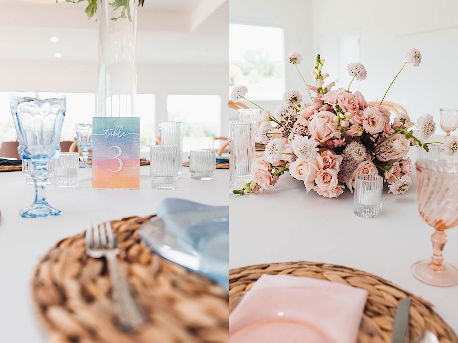 2 photos side by side, the left is of a table set up for a wedding reception, the right is of flowers sitting on a table for a wedding reception