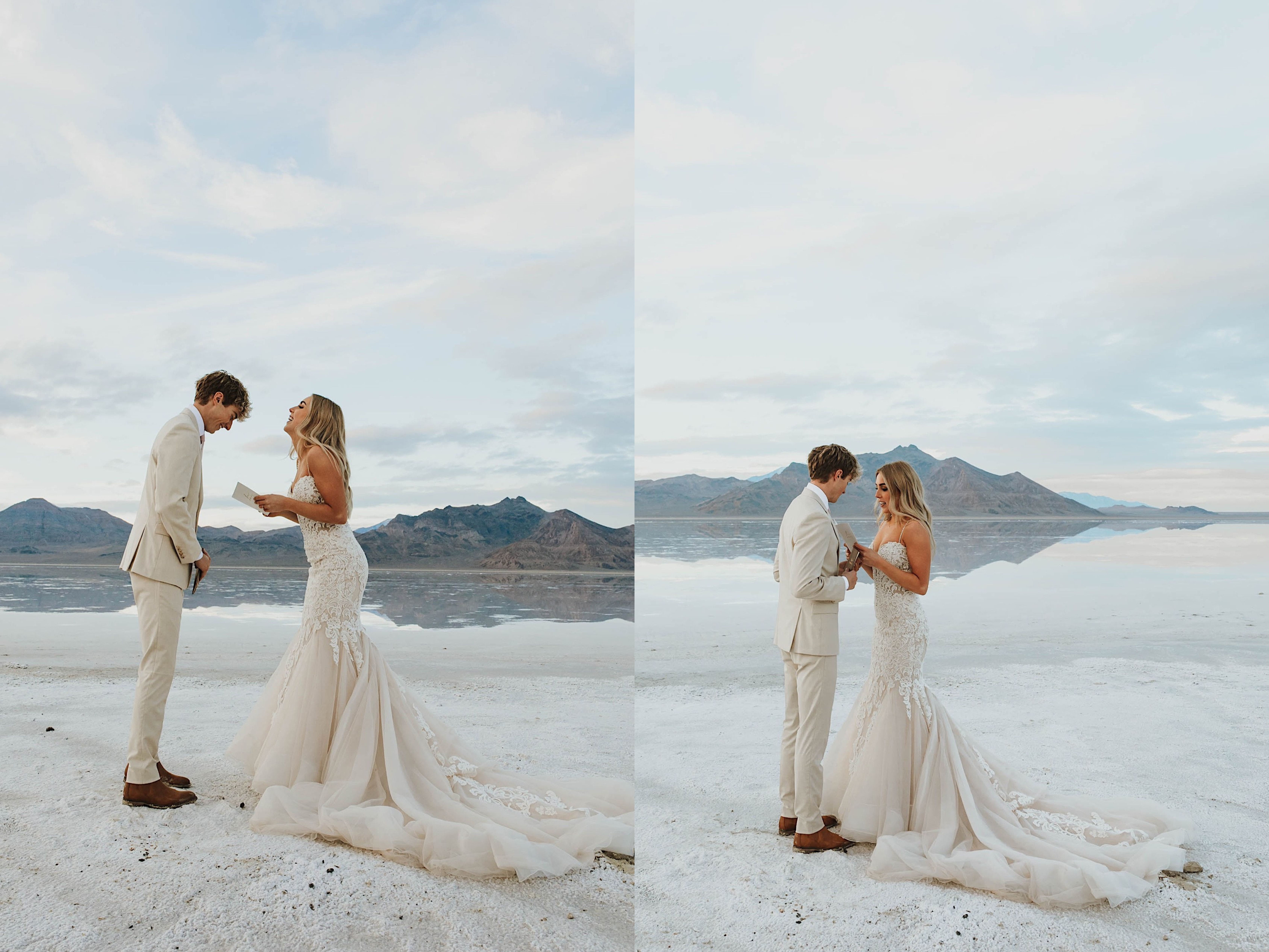 2 photos side by side of a bride and groom in the Utah Salt Flats reading their wedding vows to one another