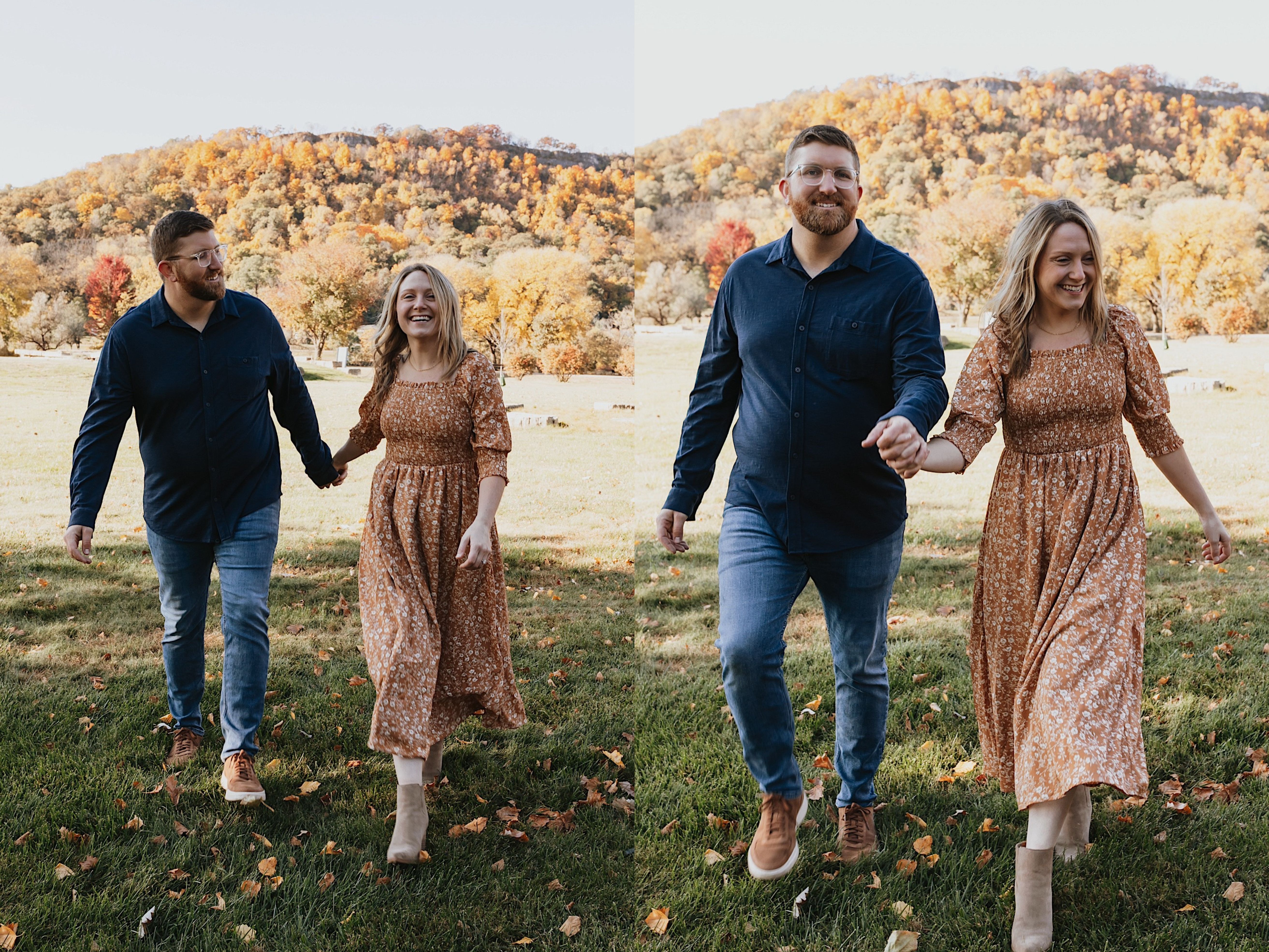 Two photos side by side of a couple walking hand in hand towards the camera while in a park with a hill behind them where the leaves have all changed colors