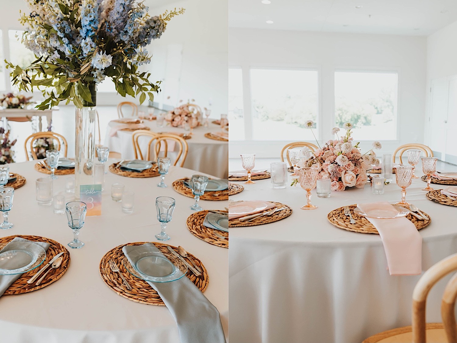 2 photos side by side, the left is of a table decorated with blue glassware for a wedding reception, the right is a table with pink glassware