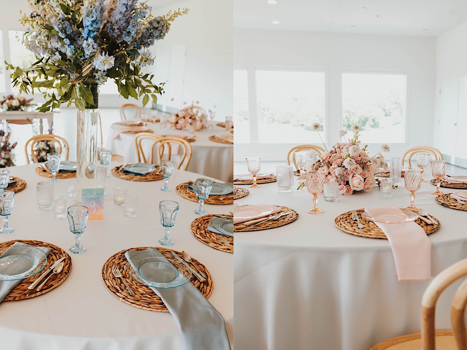 2 photos side by side, the left is of a table decorated with blue glassware for a wedding reception, the right is a table with pink glassware 2 photos side by side, the left is of a table decorated with blue glassware for a wedding reception, the right is a table with pink glassware