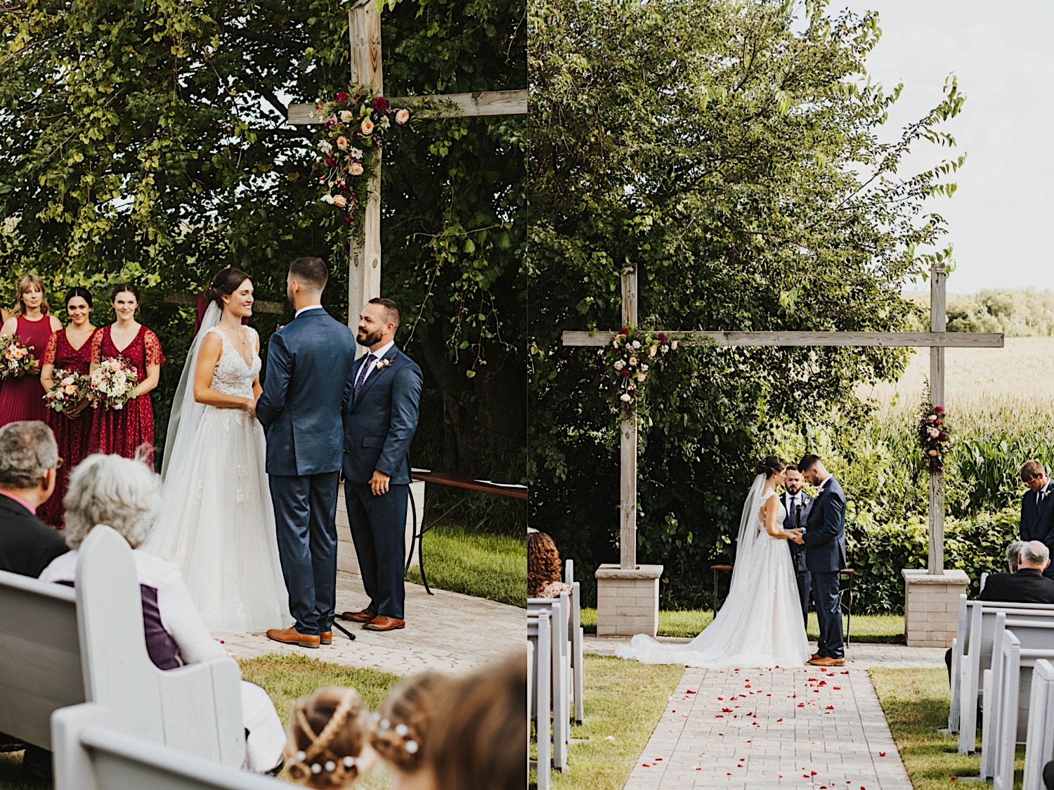 2 photos side by side of a bride and groom standing next to one another during their outdoor wedding ceremony